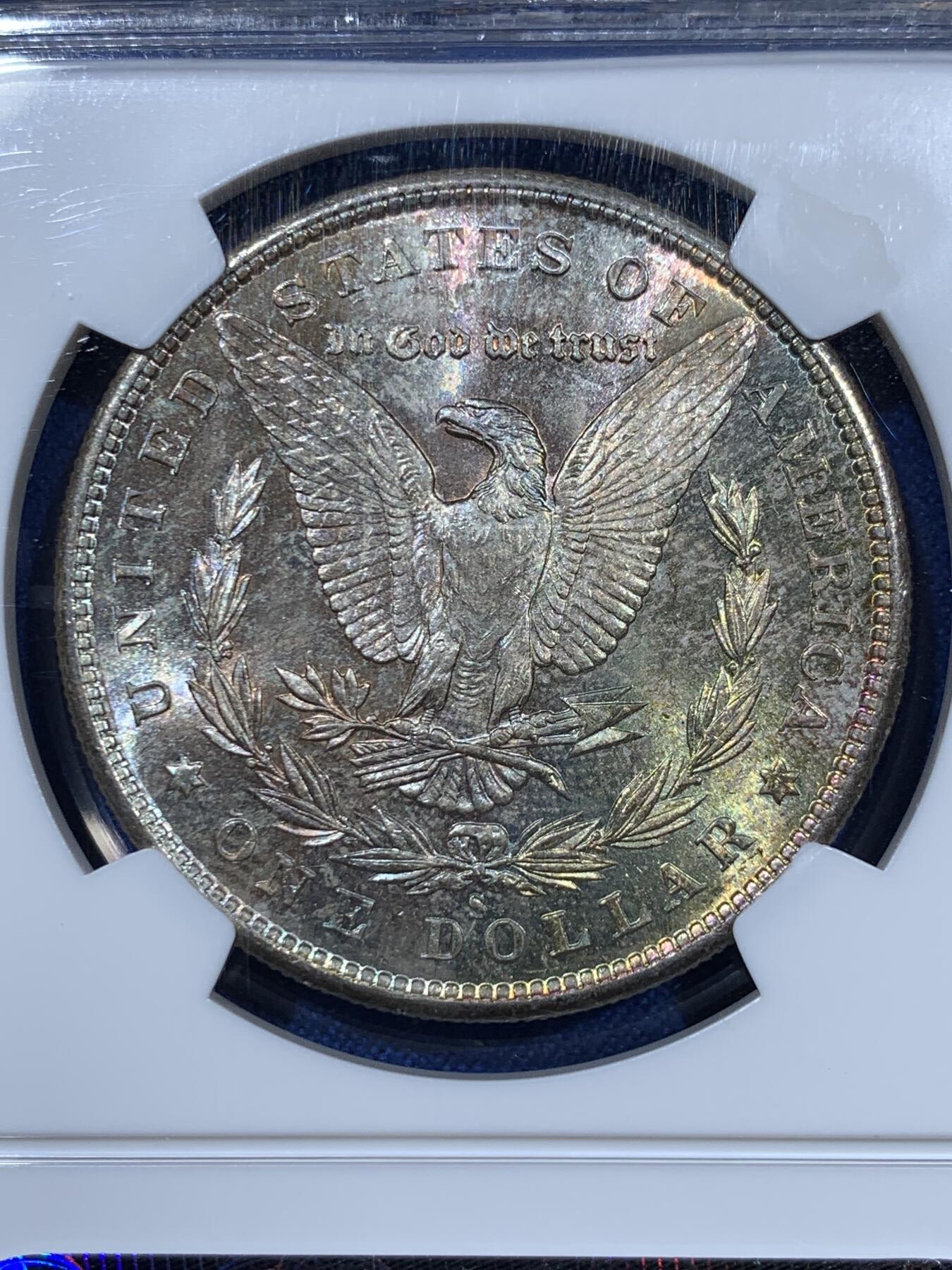 《竞宝斋》第360场 周日，周一  2场连拍 （全场包邮） NGC MS64 美国1880-S摩根1美元银币 老盒标签 背面带彩 状态非常好