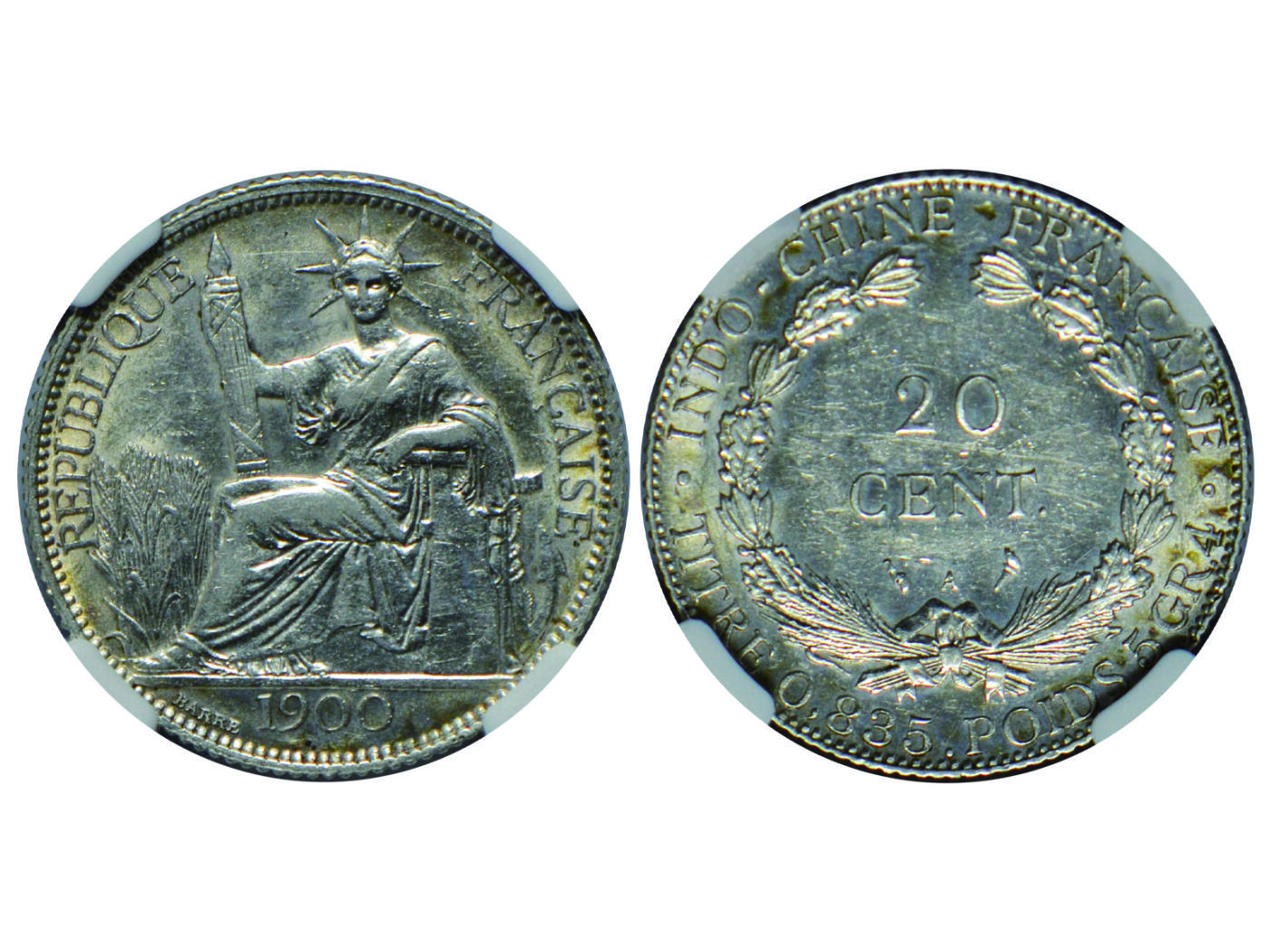 冠军2025年4月8日香港拍卖 （1）1892年A法屬印度支那1分銅幣，NGC AU 58 BN
（2）1901年A法屬印度支那10分銀幣，NGC AU DETAILS
（3）1900年A法屬印度支那20分銀幣，NGC AU55
（4）1920年法屬印度支那20分銀幣，NGC UNC DETAILS
共4枚，包克收藏