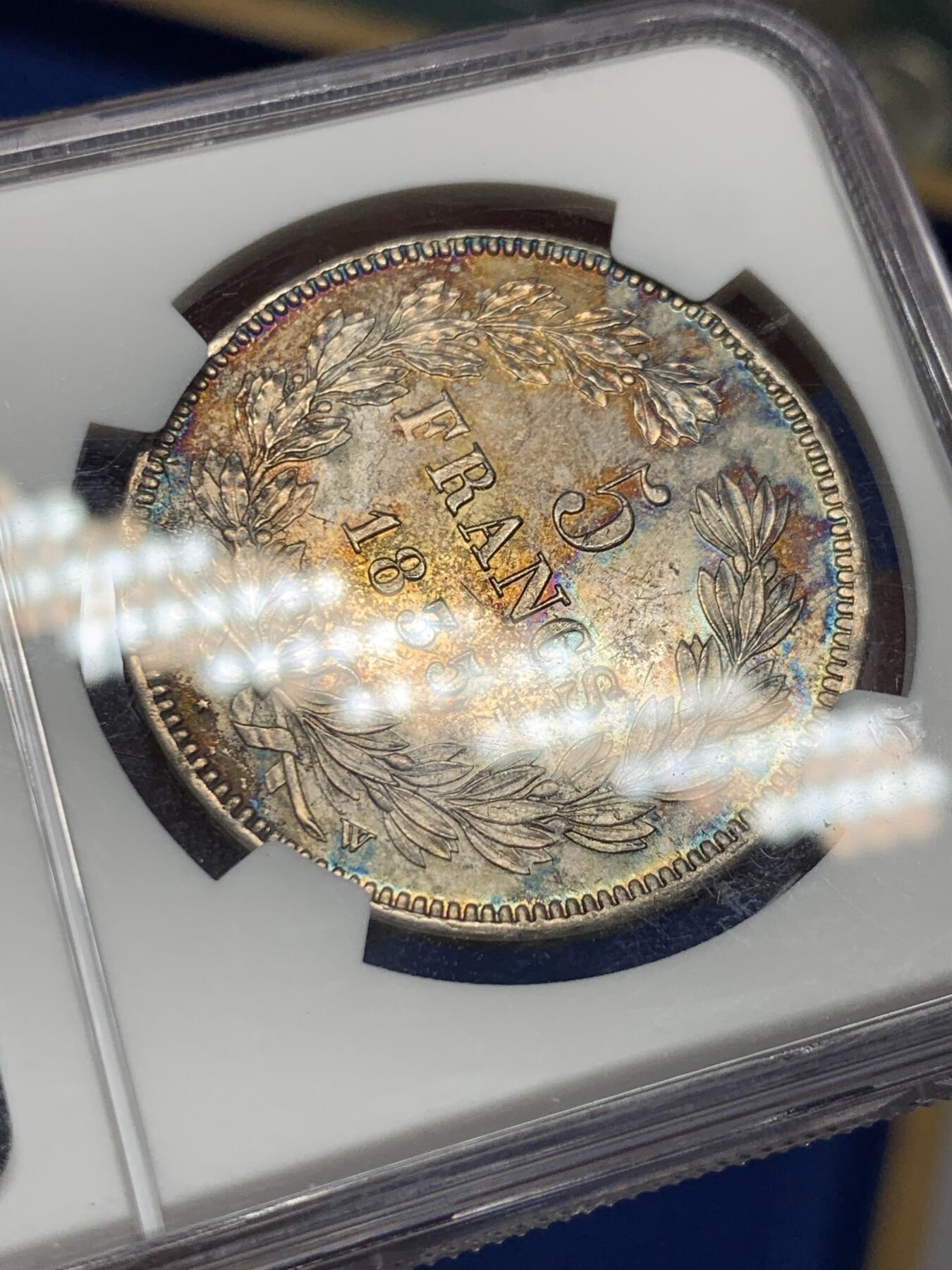 《竞宝斋》第360场 周日，周一  2场连拍 （全场包邮） NGC MS61 法国1835年菲利普5法郎银币 不多见的年份版别 极美五彩包浆 飞利浦上MS不容易