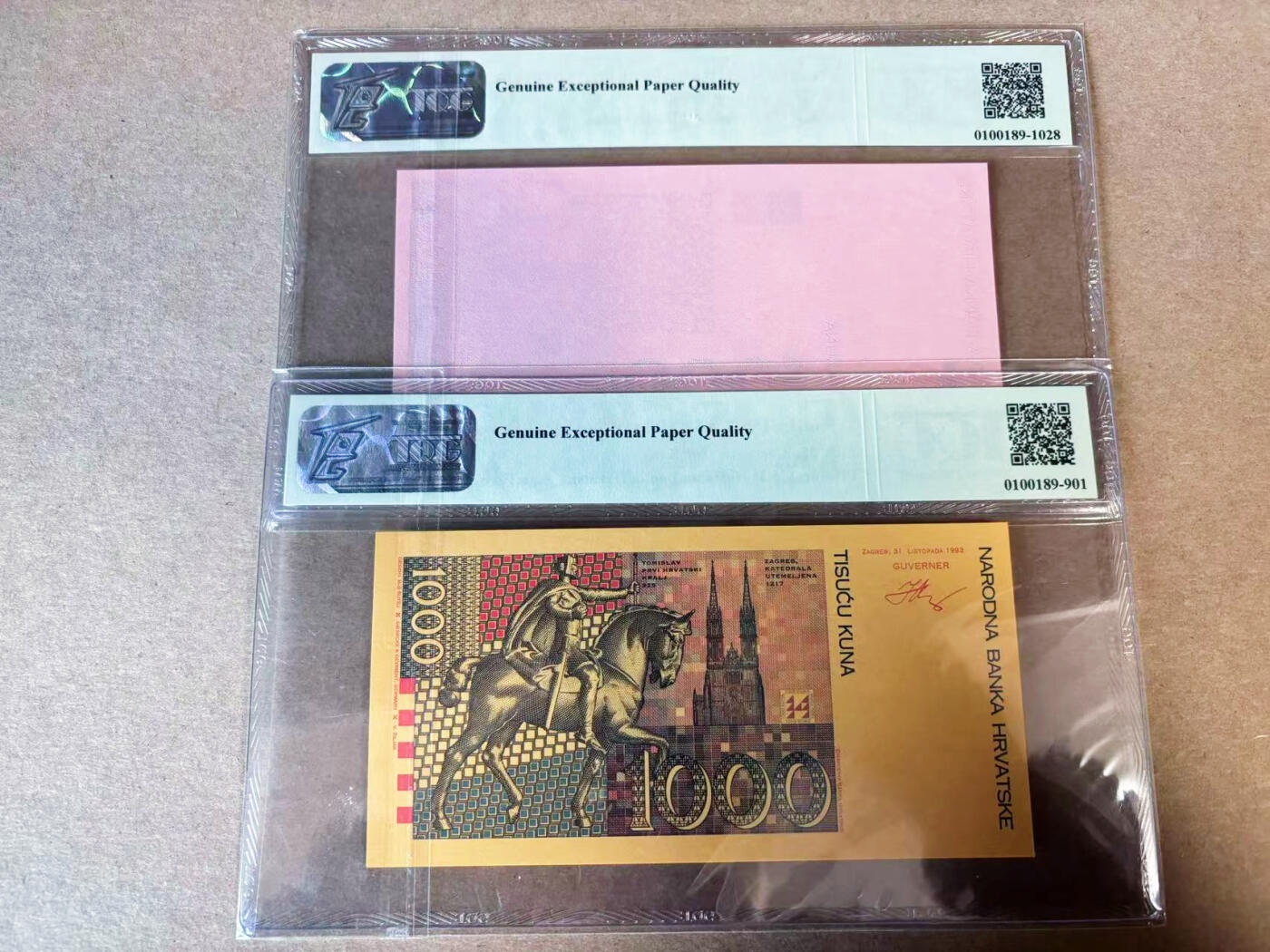 【Blue Auction】✨世界纸币精拍第629期【精】 【一组2张试印/试色样票】克罗地亚1994年1000库纳 捷德代印 TQG69EPQ/67EPQ 