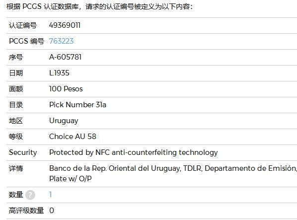 【Blue Auction】✨世界纸币精拍第629期【精】 【a版A冠唯一冠军分 早期大票幅版】乌拉圭 1935年100比索 正面为代表公平公正的宪法女神 背面为1830年宪法颁布宣誓的大场景画面 细节满满 非常壮观 PCGS58 顶级品相 （PMG最高分53）区别于39版小票幅