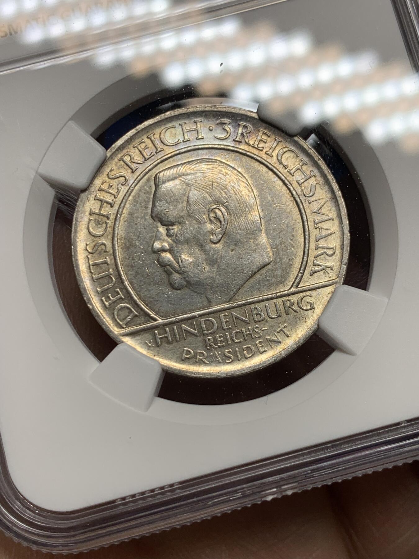 《竞宝斋》第360场 周日，周一  2场连拍 （全场包邮） NGC UNCD 德国魏玛时期1929F莱茵解放兴登堡宪法十周年3马克纪念银币 经典手指设计