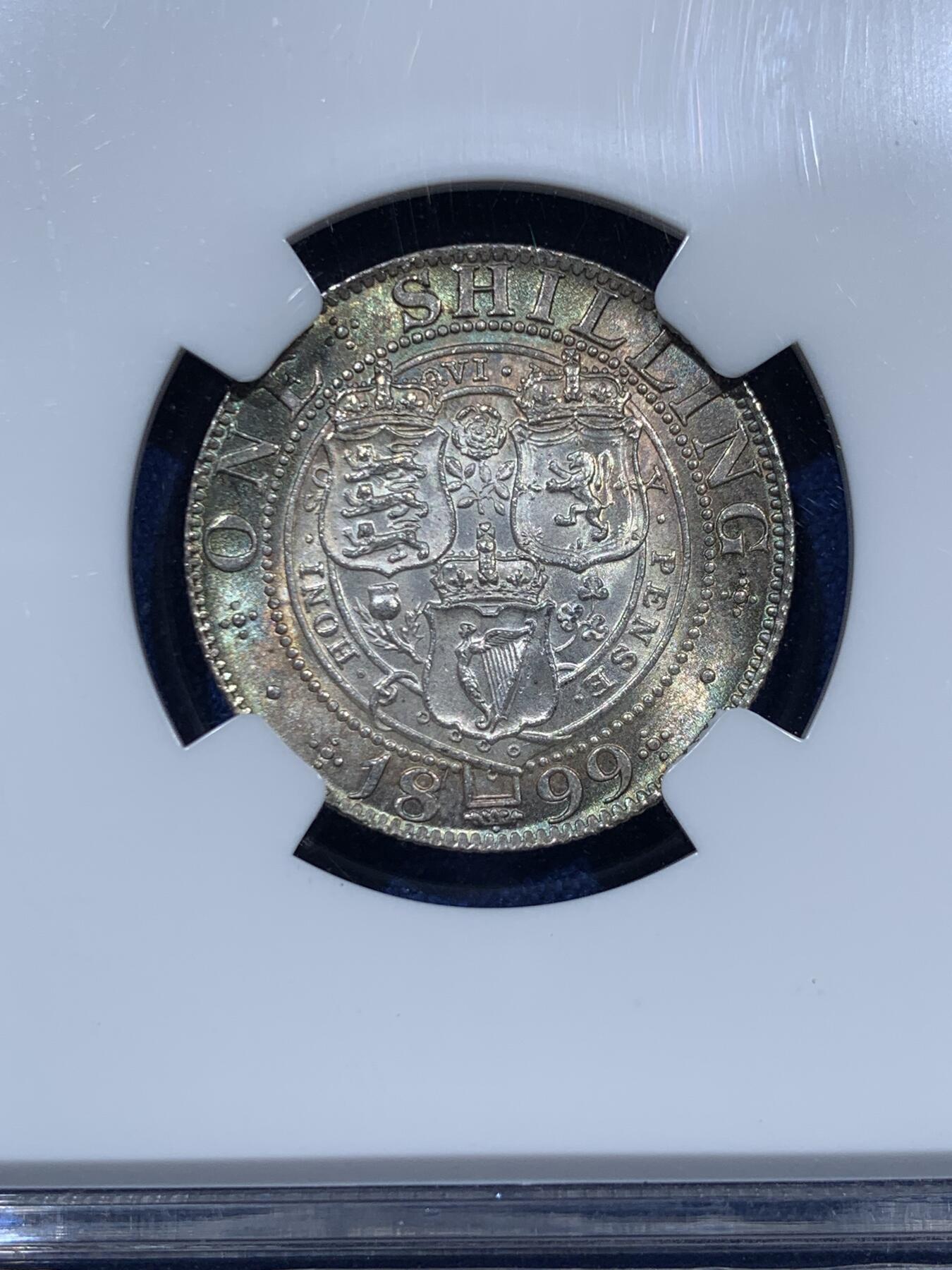 《竞宝斋》第360场 周日，周一  2场连拍 （全场包邮） NGC MS64 英国 1899年 维多利亚 披纱 1先令 银币 原光五彩