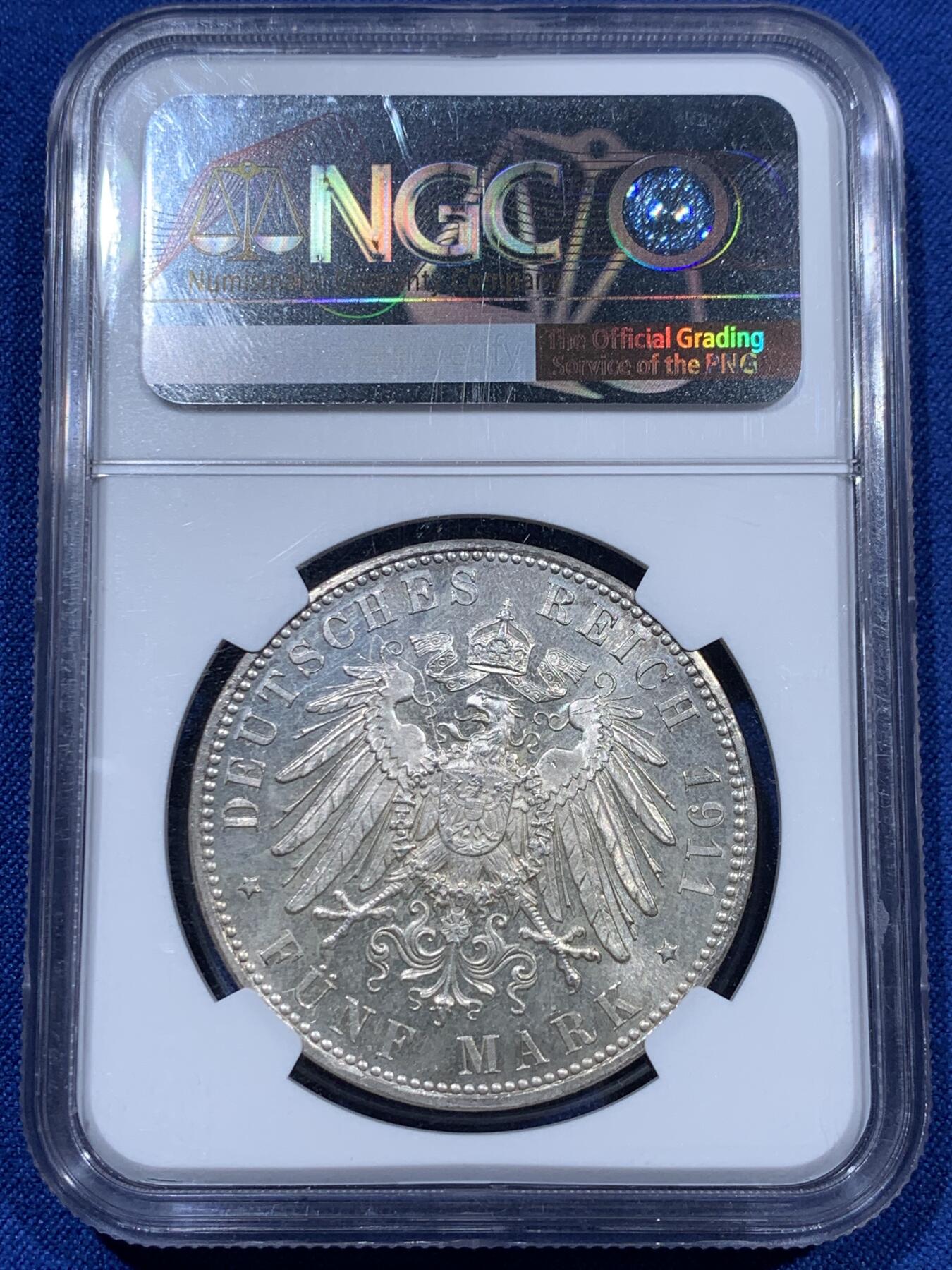 《竞宝斋》第360场 周日，周一  2场连拍 （全场包邮） NGC MS63 德国 巴伐利亚 1911年D 利奥波德 诞辰90周年 5马克 大银币