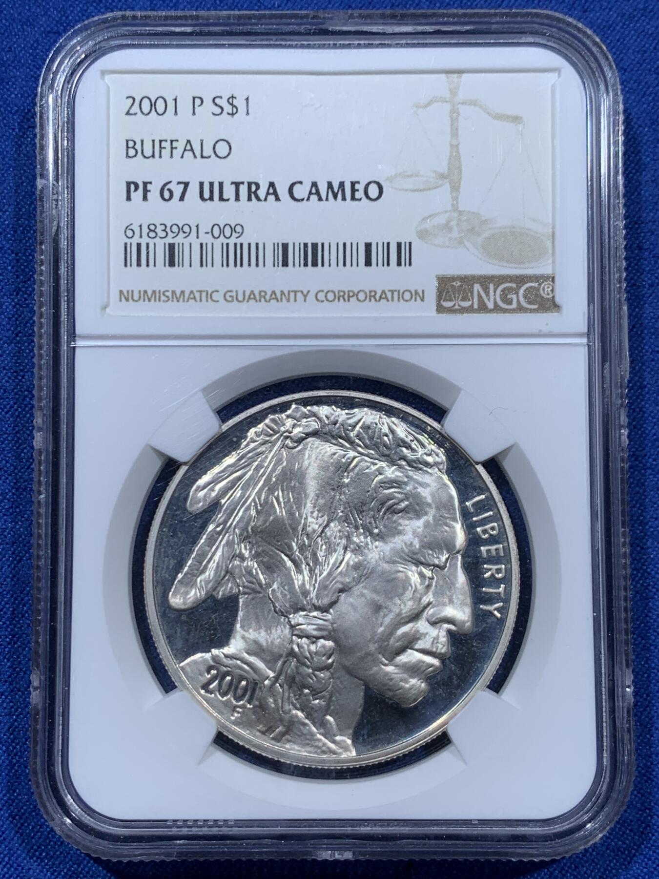 《竞宝斋》第360场 周日，周一  2场连拍 （全场包邮） NGC PF67UC 美国2001年经典印第安人与牦牛1美元精制银币