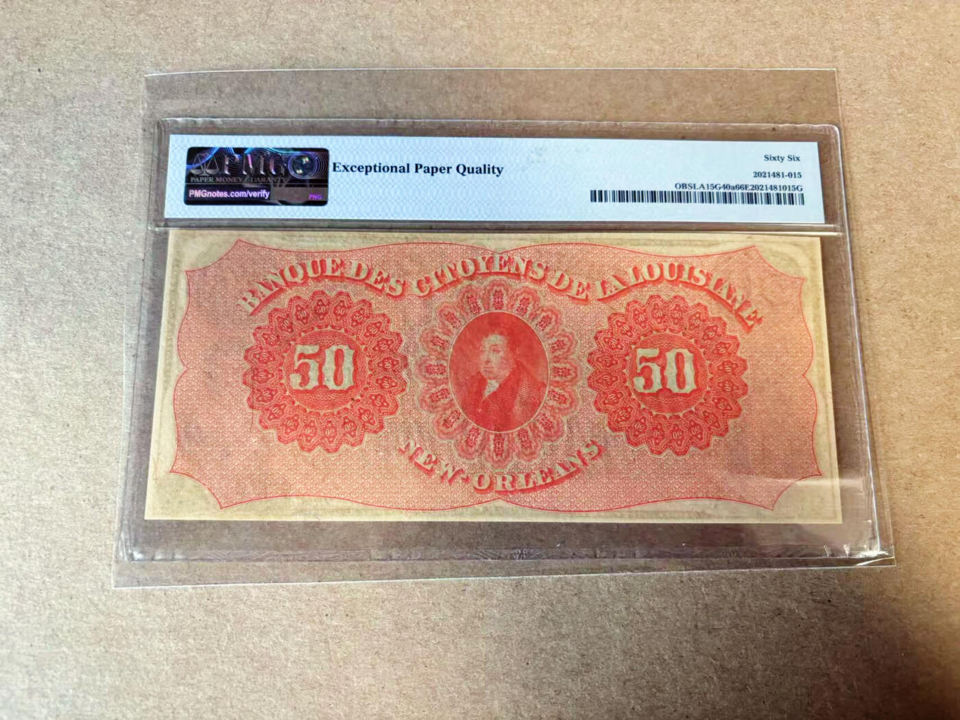 【Blue Auction】✨世界纸币精拍第629期【精】 美国 路易斯安那州 新奥尔良 1860年50美金 PMG66EPQ 元素丰富 双面设计精美