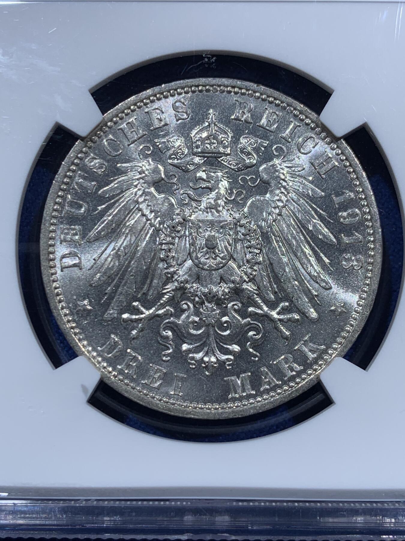 《竞宝斋》第360场 周日，周一  2场连拍 （全场包邮） NGC MS61 德国1913年萨克森建功碑3马克银币