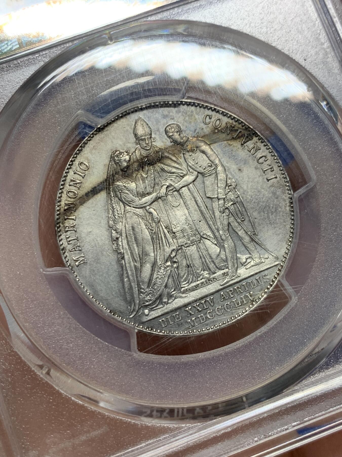 《竞宝斋》第360场 周日，周一  2场连拍 （全场包邮） PCGS UNC 奥匈帝国 奥地利 1854年 茜茜公主大婚 1盾银币