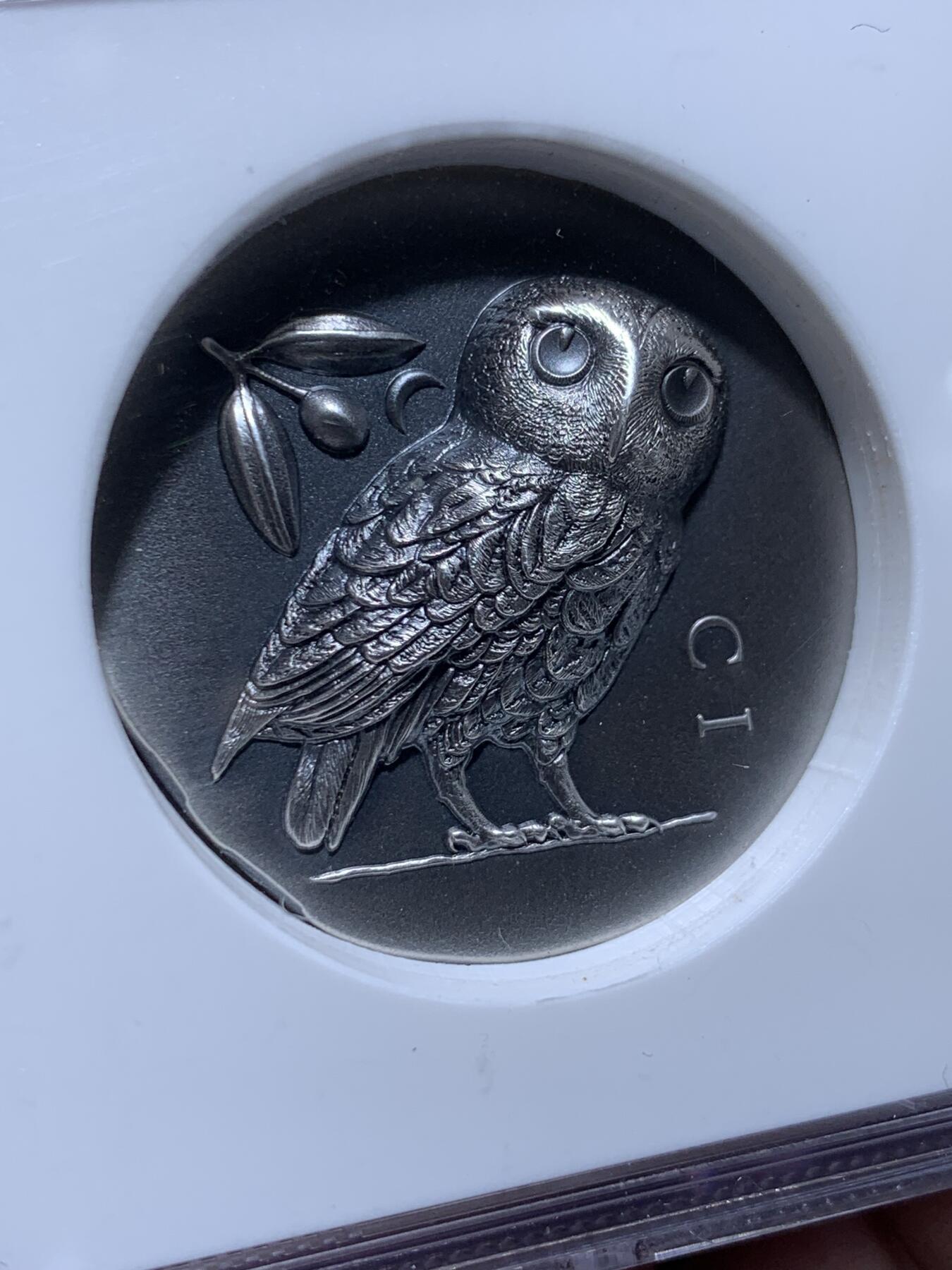 《竞宝斋》第360场 周日，周一  2场连拍 （全场包邮） NGC MS70ANTIQUED 库克2021雅典娜猫头鹰银币，智慧的象征，发行量999，送礼佳品，加厚盒装。