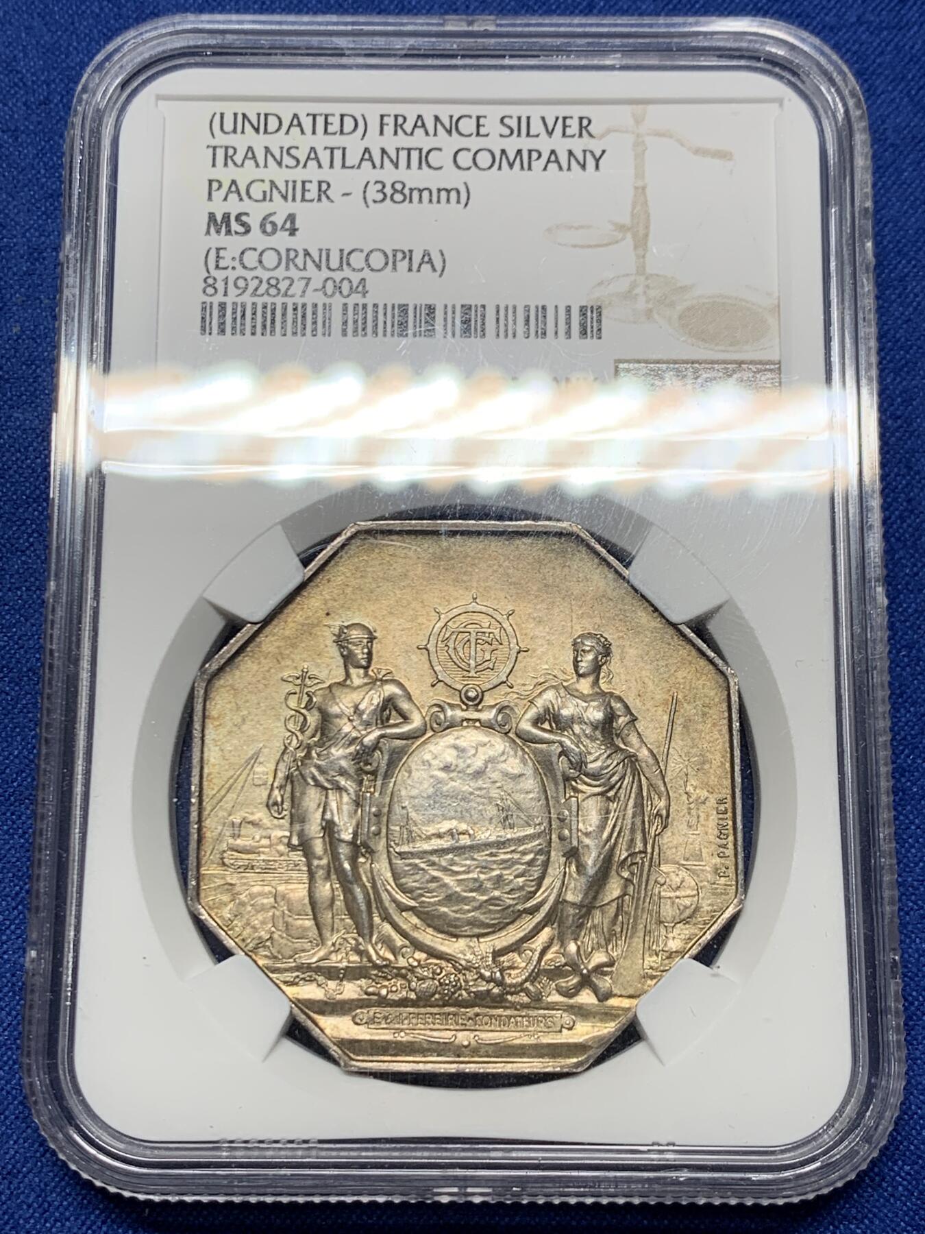 《竞宝斋》第360场 周日，周一  2场连拍 （全场包邮） NGC MS64 法国19世纪大西洋邮政公司纪念大型八角银质代币，38mm大型