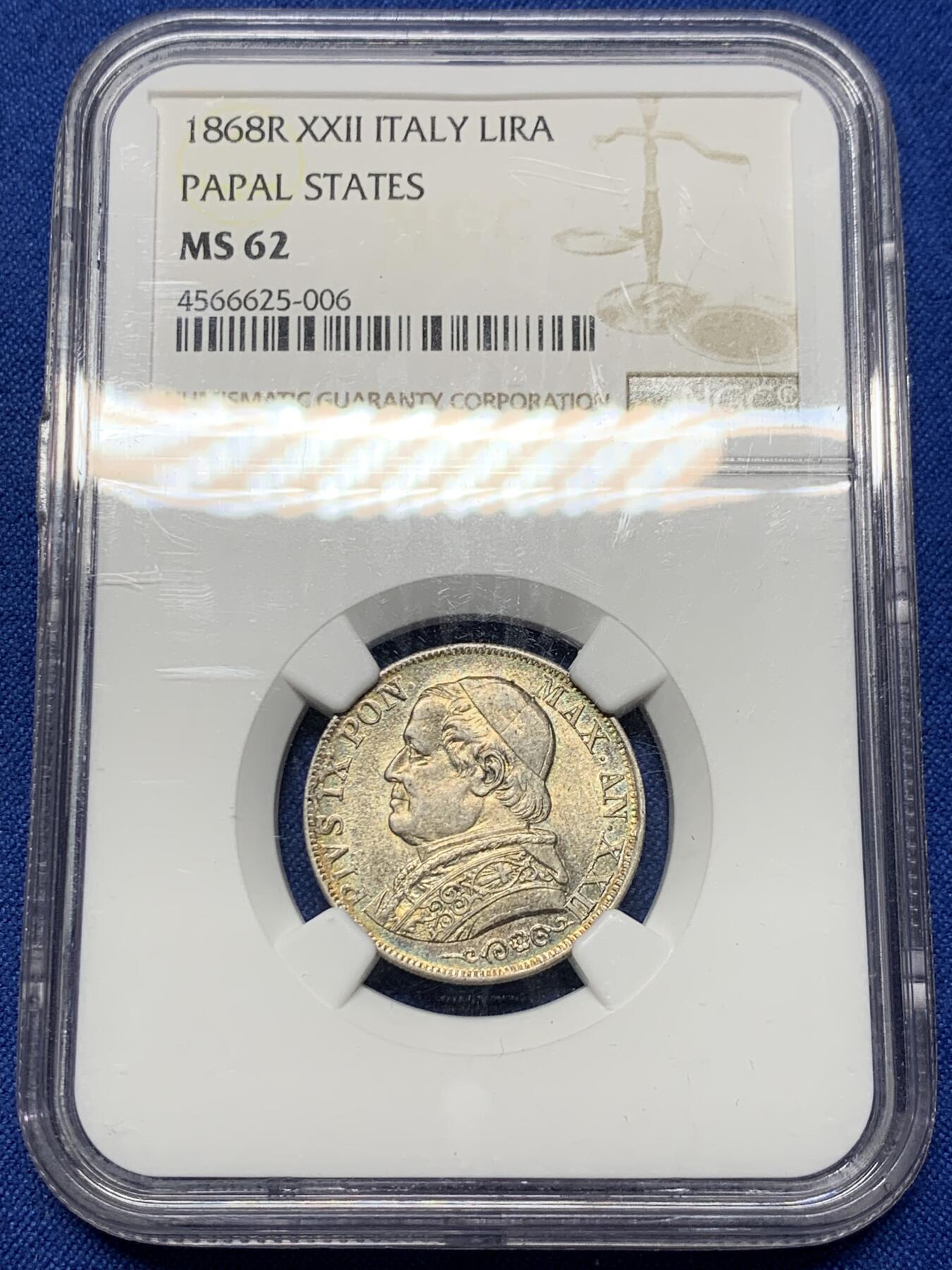《竞宝斋》第360场 周日，周一  2场连拍 （全场包邮） NGC MS62 教皇国1868庇护九世大半身像1里拉银币