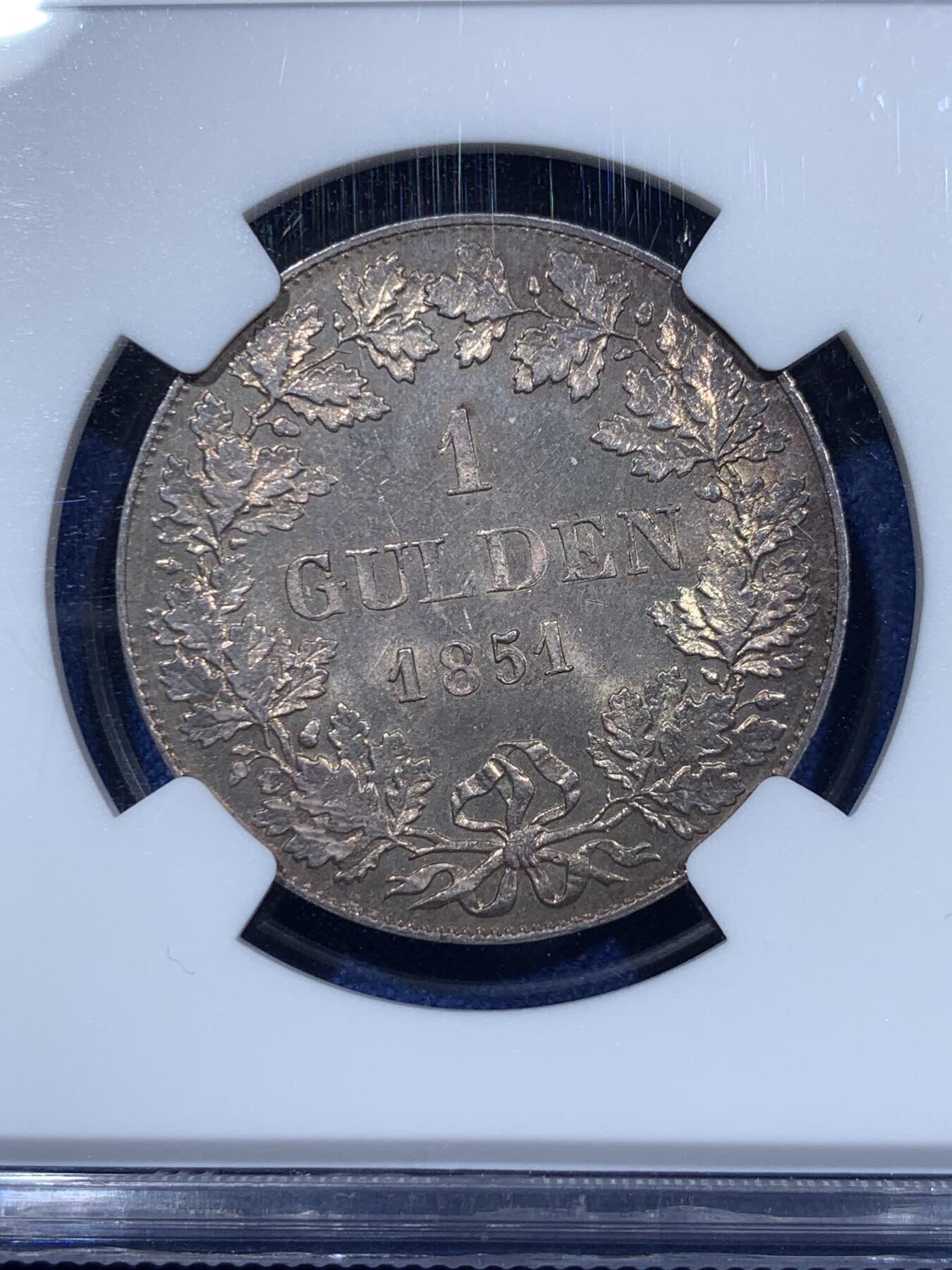 《竞宝斋》第360场 周日，周一  2场连拍 （全场包邮） NGC MS64 德国 1851年 法兰克福 1盾 银币 稀少小面值