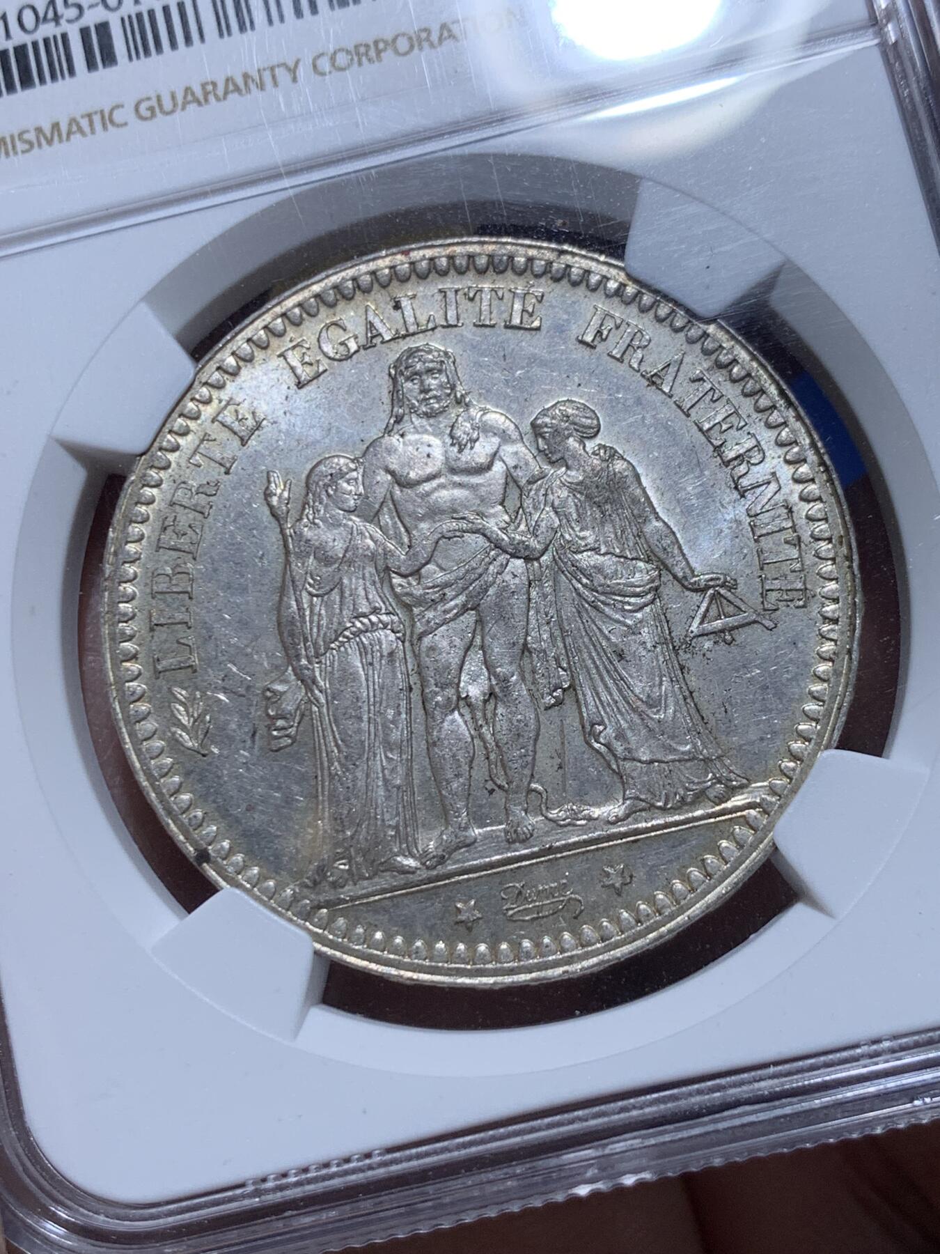 《竞宝斋》第360场 周日，周一  2场连拍 （全场包邮） NGC MS62 法国 1873A 大力神5法郎银币 底板光度都不错 略低评