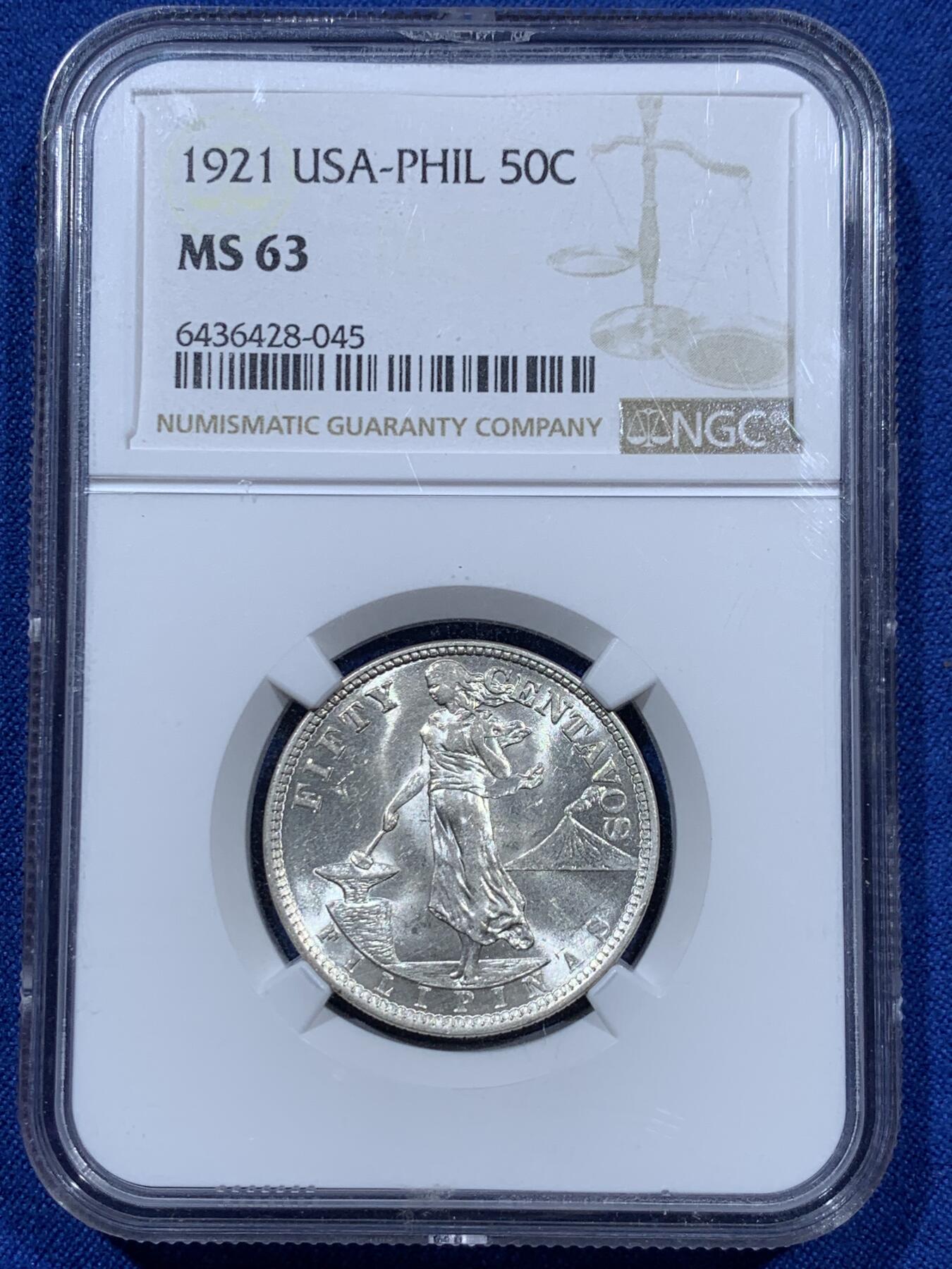 《竞宝斋》第360场 周日，周一  2场连拍 （全场包邮） NGC MS63 美属菲律宾 1921年 战前鹰徽50分银币