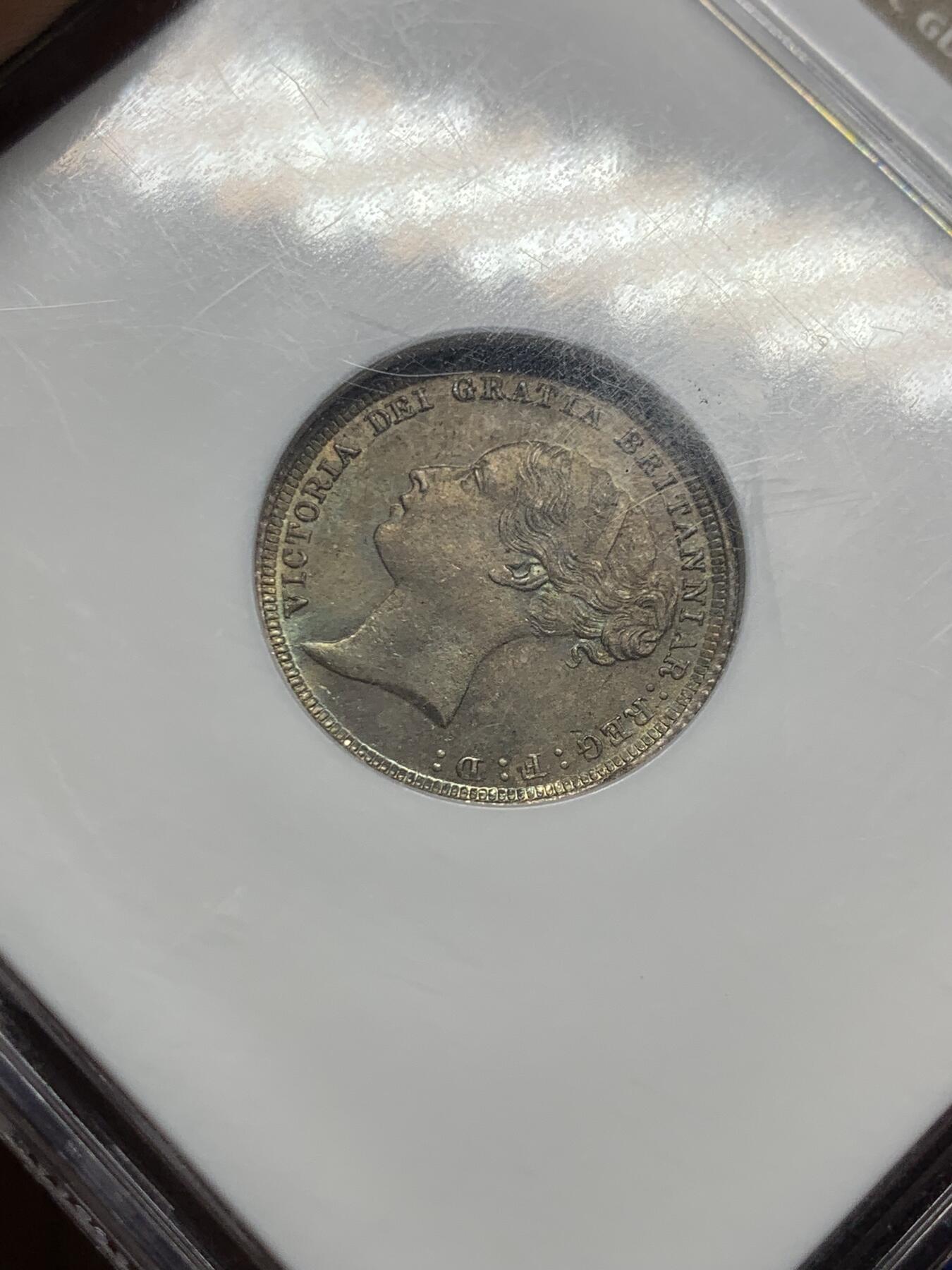 《竞宝斋》第360场 周日，周一  2场连拍 （全场包邮） NGC MS64 英国 1884年 维多利亚 6便士 银币 原味英伦包浆 老白盒 品质不输65