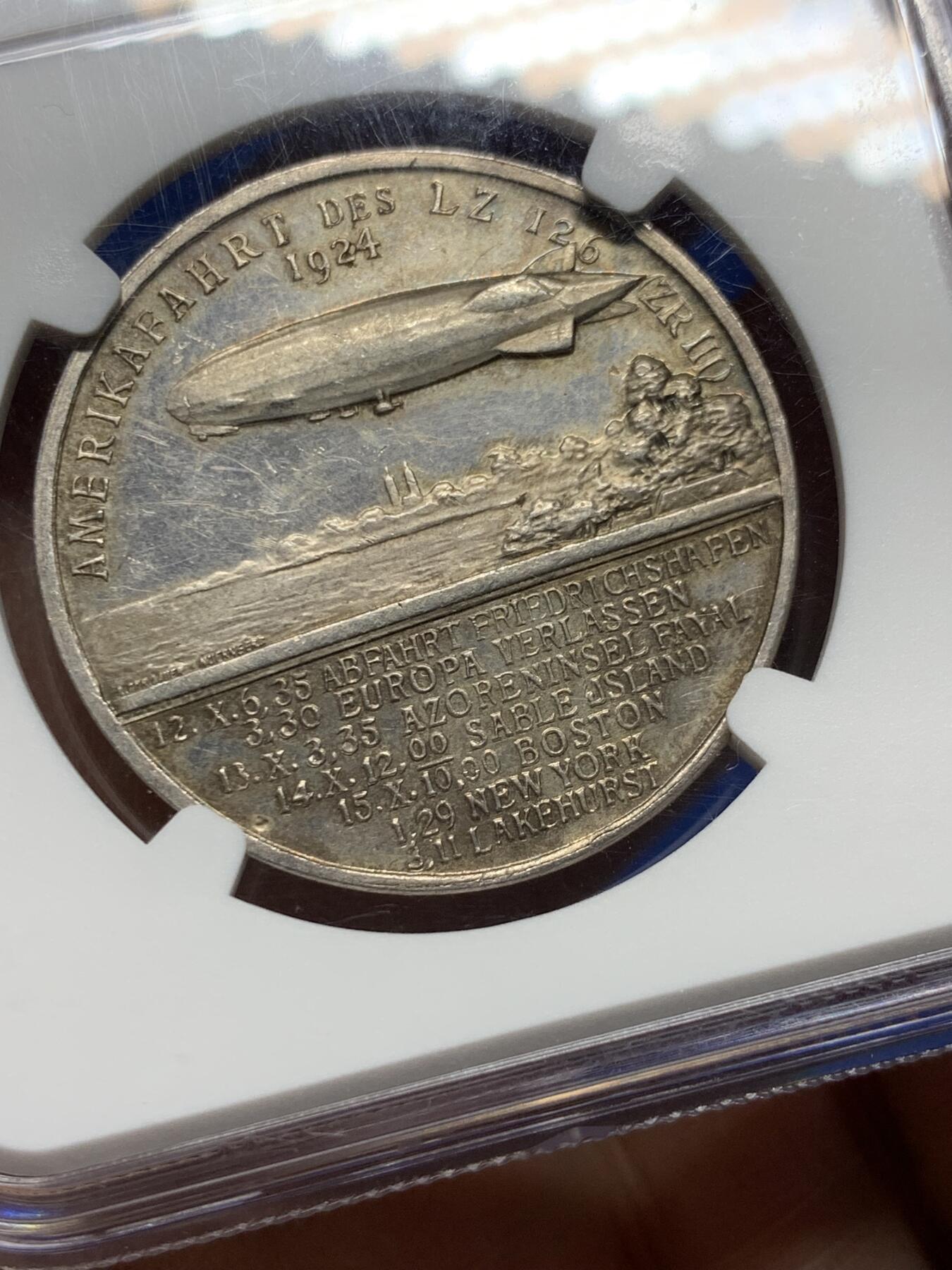 《竞宝斋》第360场 周日，周一  2场连拍 （全场包邮） NGC MS61 德国1924年齐柏林飞艇环球飞行纪念银章