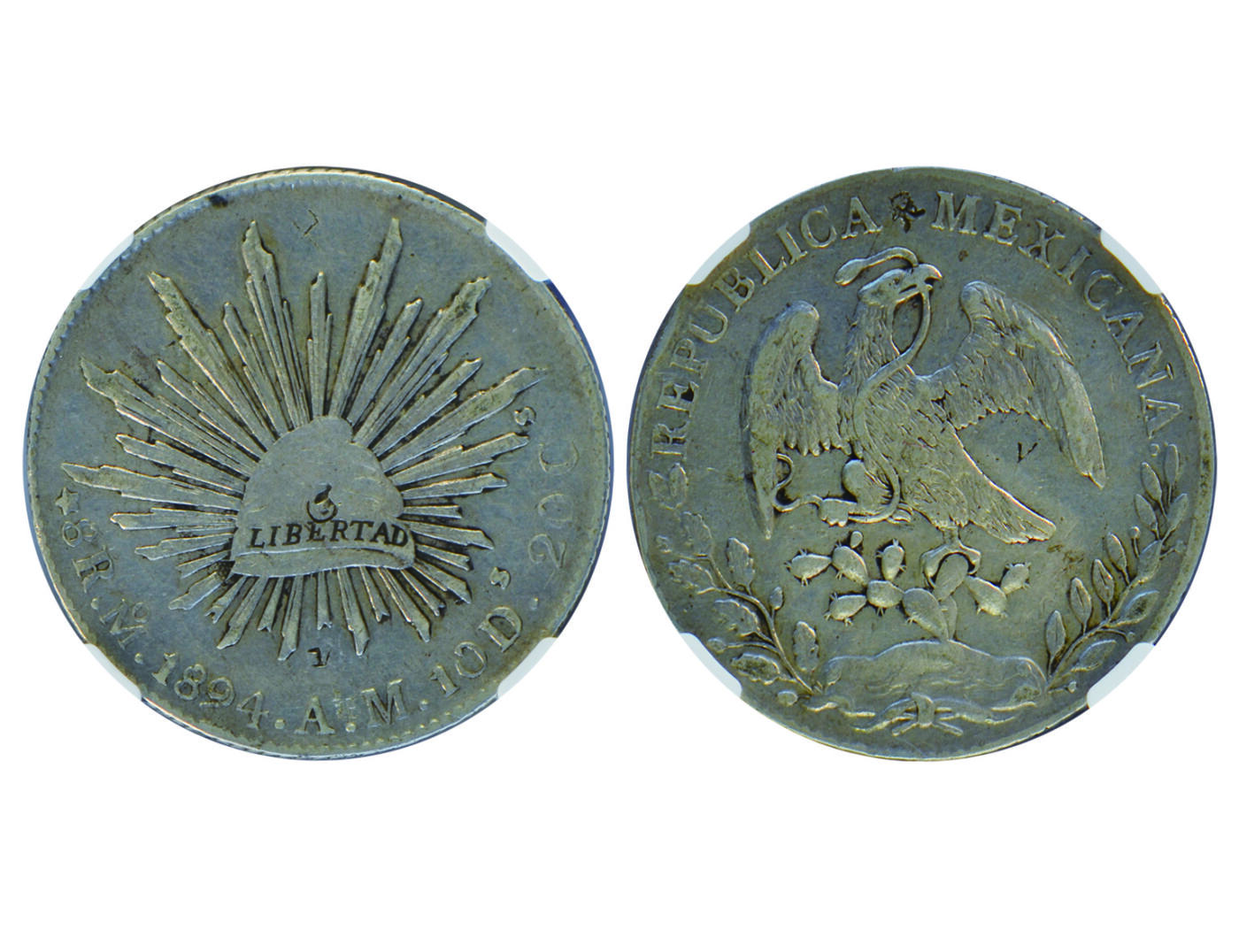 冠军2025年4月8日香港拍卖 1894年MO AM墨西哥8裡亞爾銀幣，NGC XF DETAILS ，F.M.ROSE收藏
