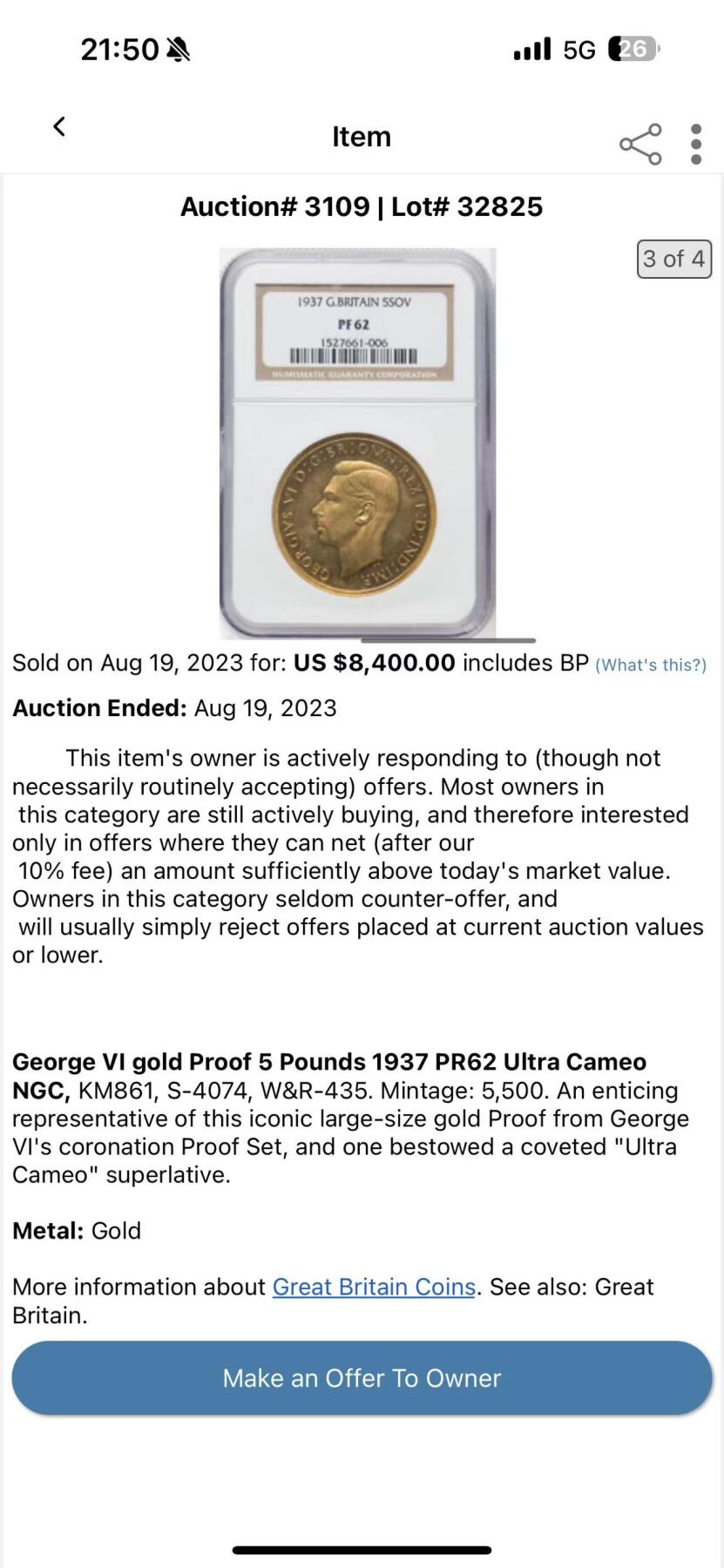 《竞宝斋》第360场 周日，周一  2场连拍 （全场包邮） NGC PF62 英国 1937年 乔治六世5索维林马剑金币 发行量5500枚的珍贵五镑 Gold (.9167) • 39.9 g 20年前的老N盒当时无CAMEO评分/严评 实物有良好的镜面效果 状态优异 HA给了UC描述 见最后一图原物记录