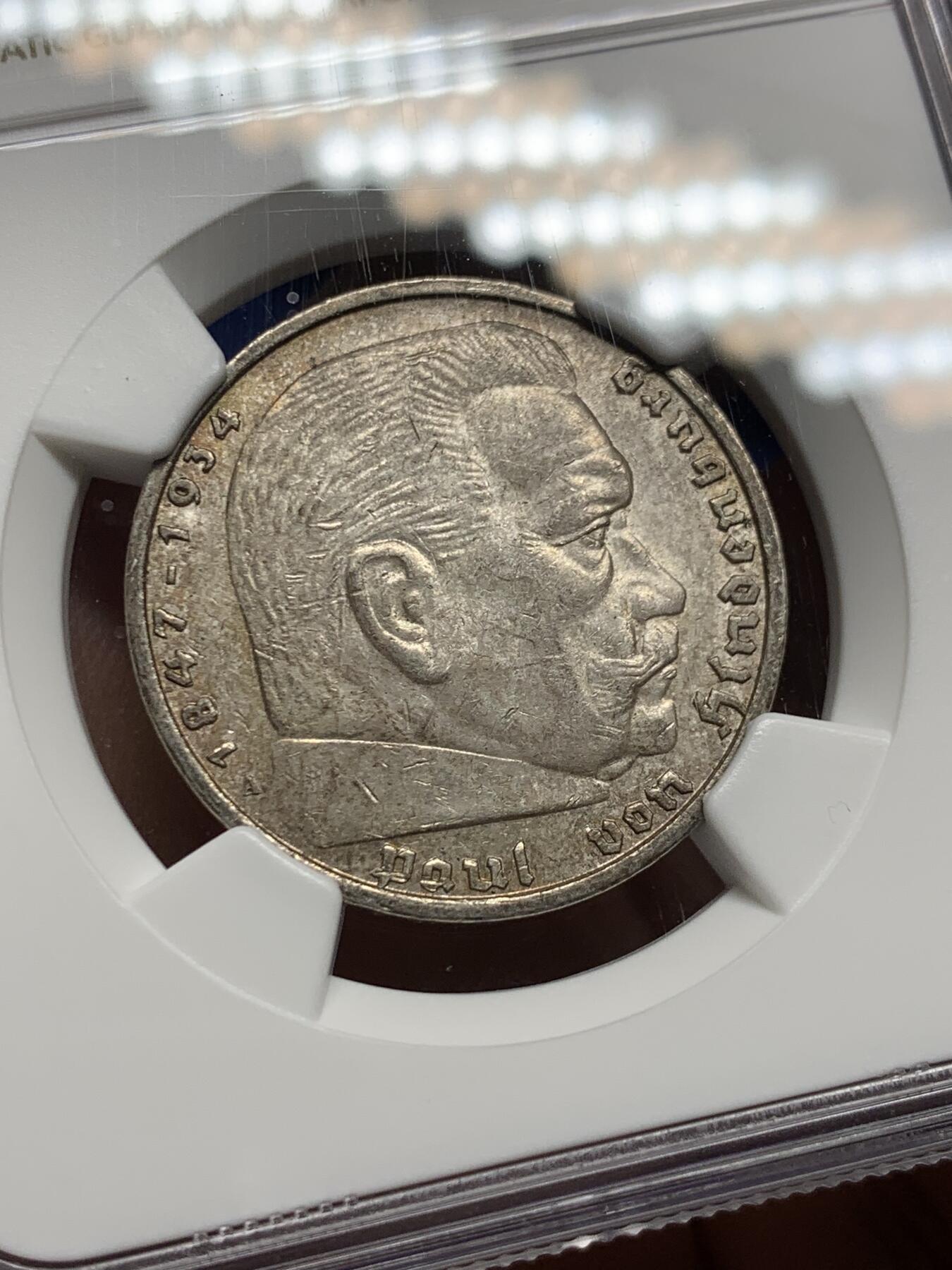 《竞宝斋》第360场 周日，周一  2场连拍 （全场包邮） NGC AU58 德国1939年A版兴登堡5马克银币