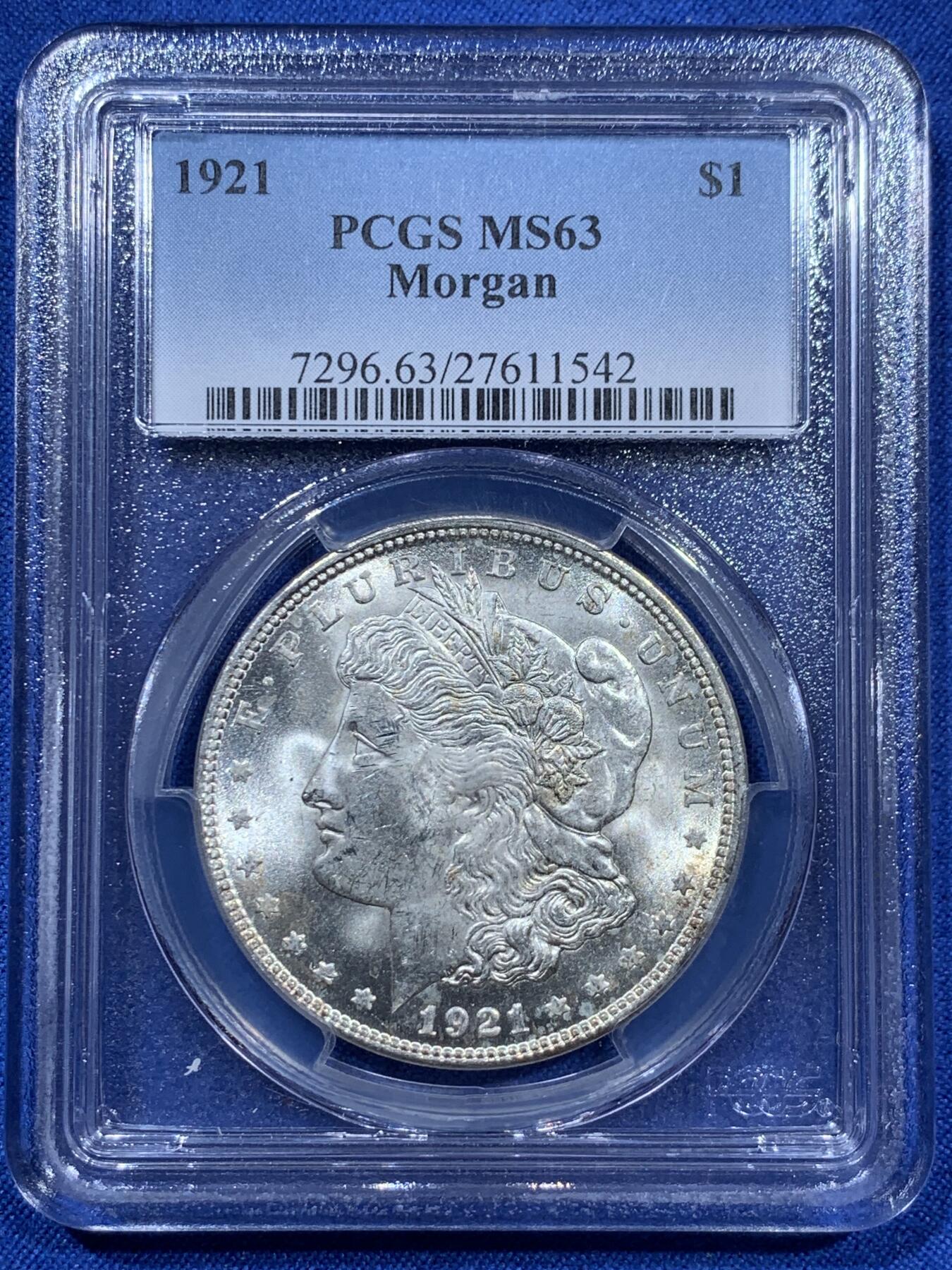 《竞宝斋》第360场 周日，周一  2场连拍 （全场包邮） PCGS MS63 美国1921年摩根1美元银币 性价比之选