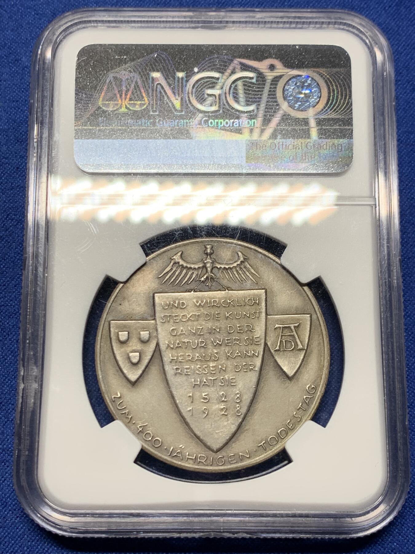 《竞宝斋》第360场 周日，周一  2场连拍 （全场包邮） NGC MS62 德国1928年丢勒逝世400周年纪念银章 冠军分 高浮雕 少见版本