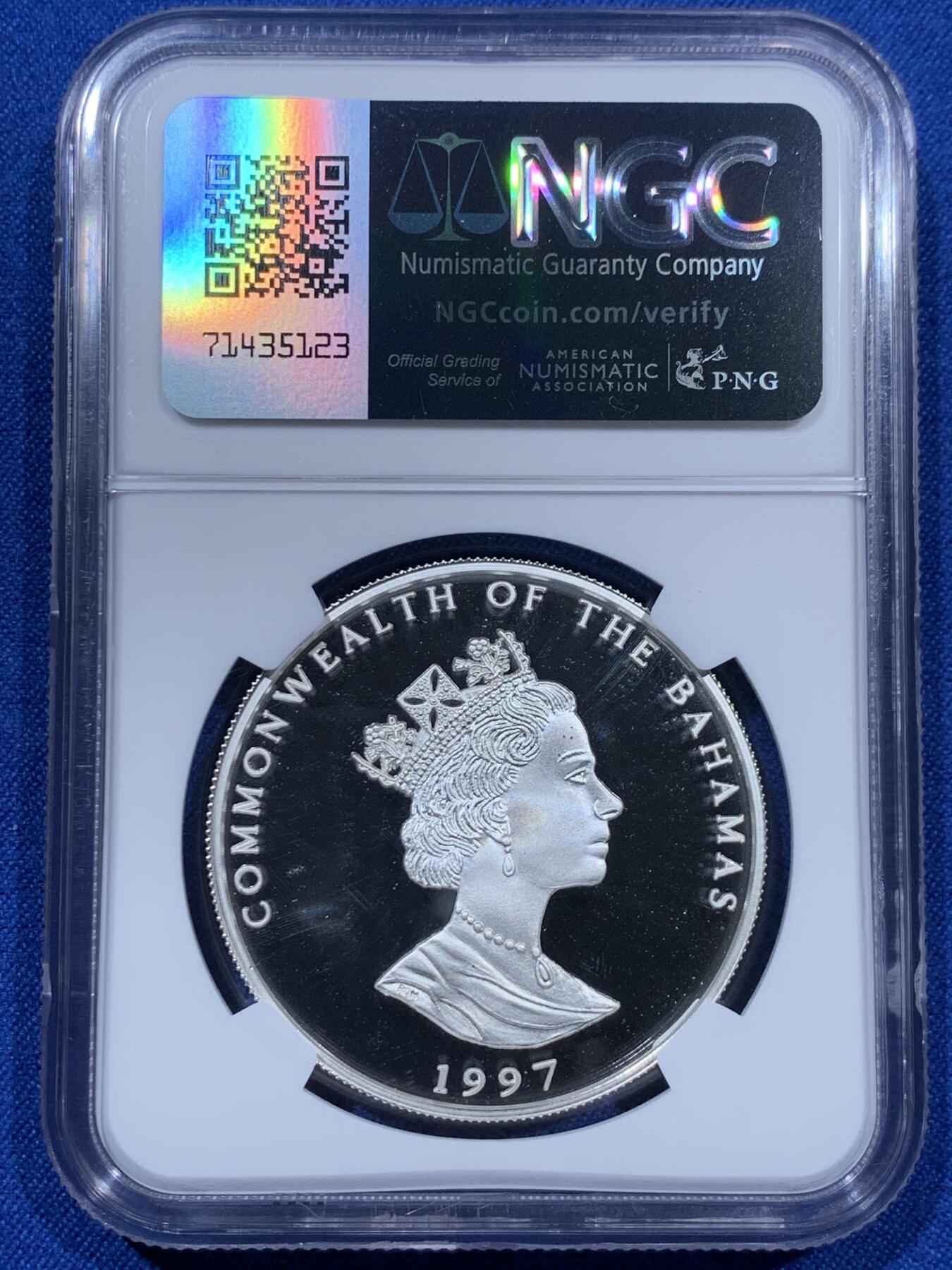 《竞宝斋》第360场 周日，周一  2场连拍 （全场包邮） NGC PF69UC 巴哈马1997年联合国儿童基金会婴戏海豚2元银币