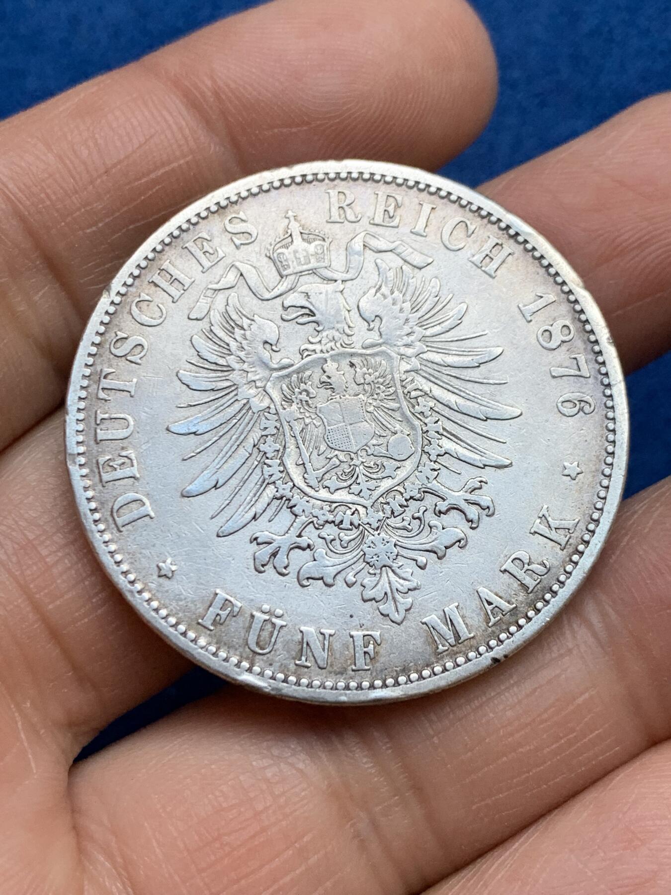 《竞宝斋》第360场 周日，周一  2场连拍 （全场包邮） 德意志帝国1876年威廉一世5马克大银币