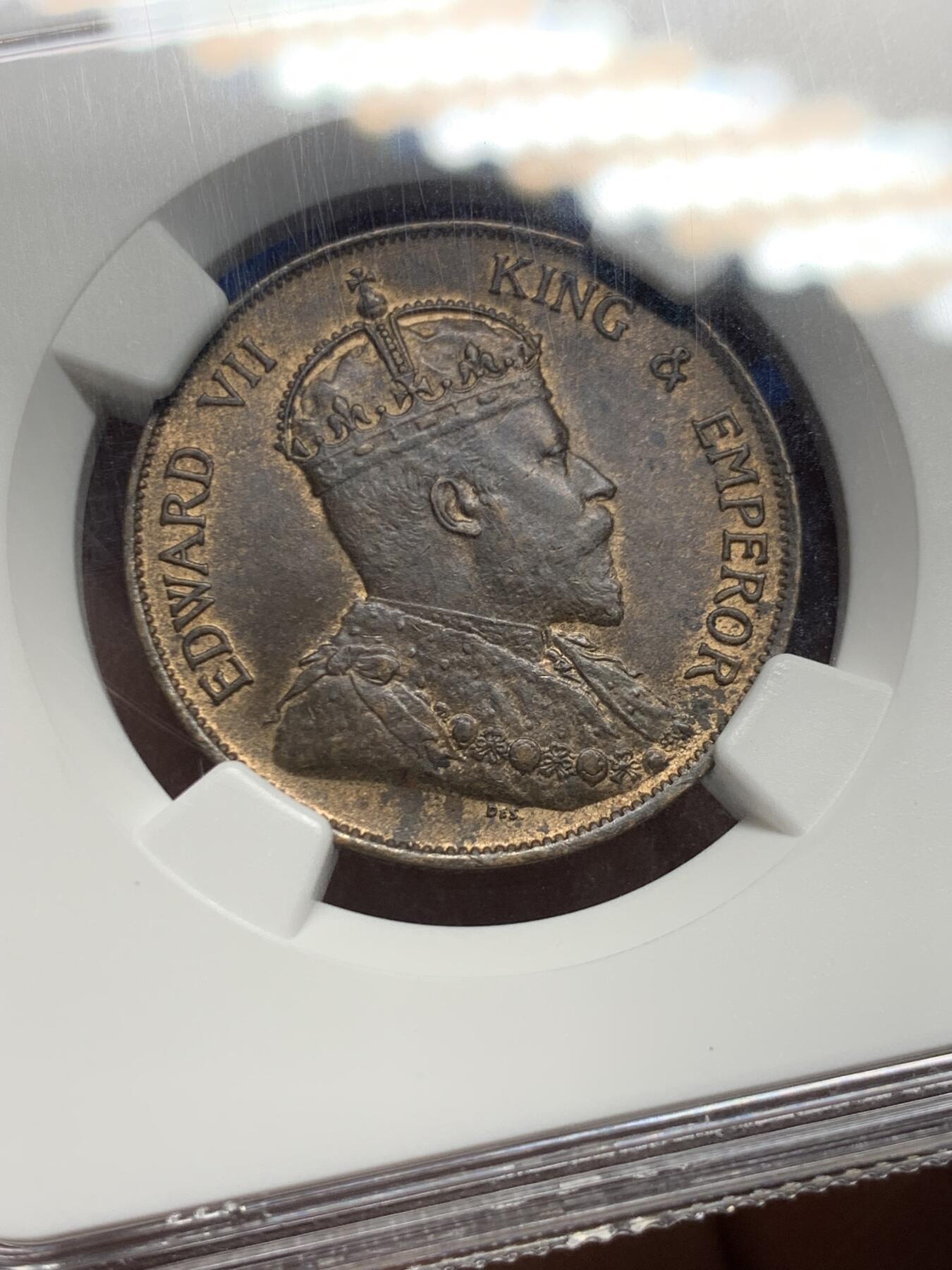 《竞宝斋》第360场 周日，周一  2场连拍 （全场包邮） NGC MS61BN 香港 1902年 爱德华七世 香港一仙 铜币 美品带底光