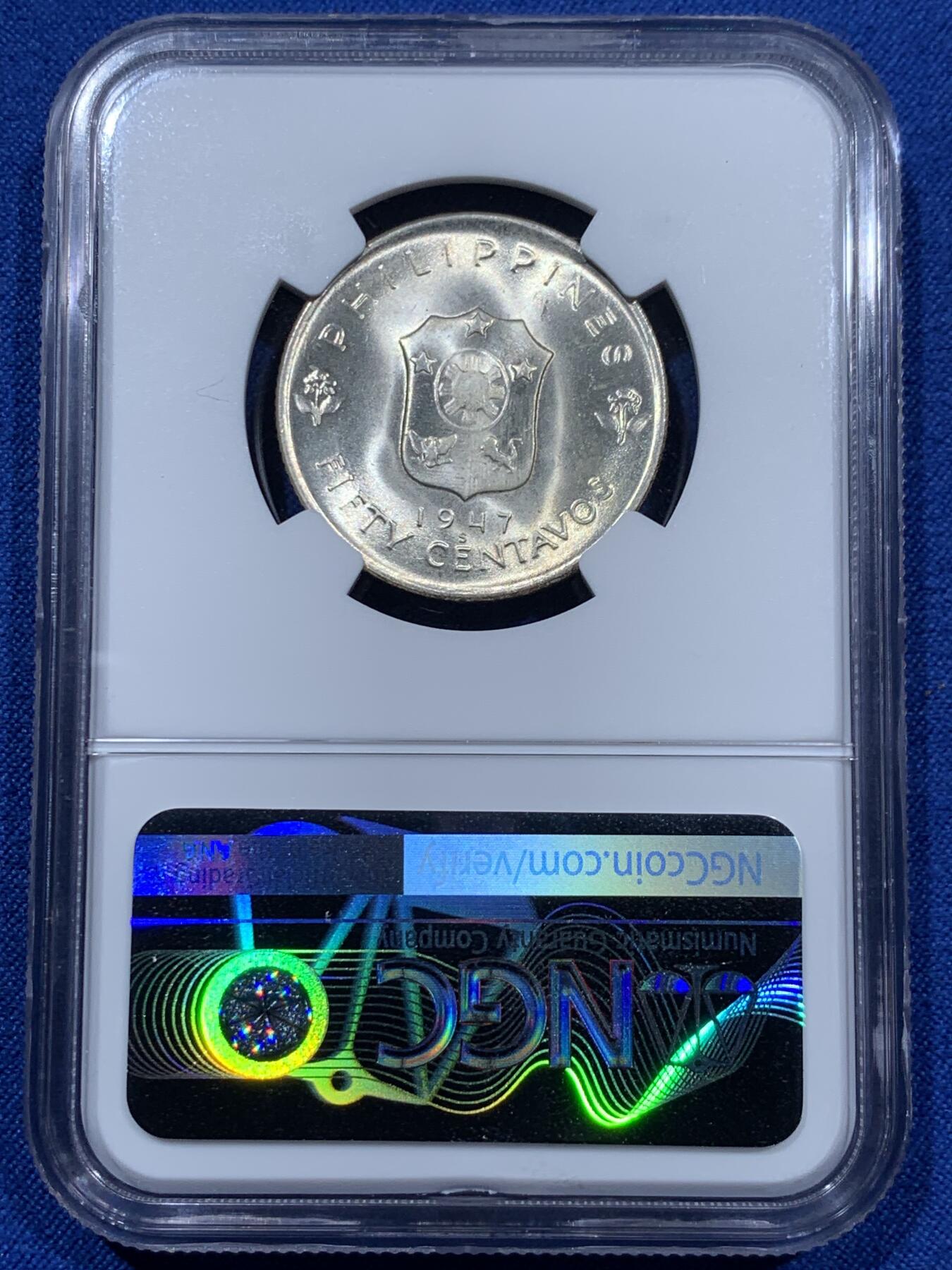 《竞宝斋》第360场 周日，周一  2场连拍 （全场包邮） NGC MS65 菲律宾 1947年 麦克阿瑟50分银币