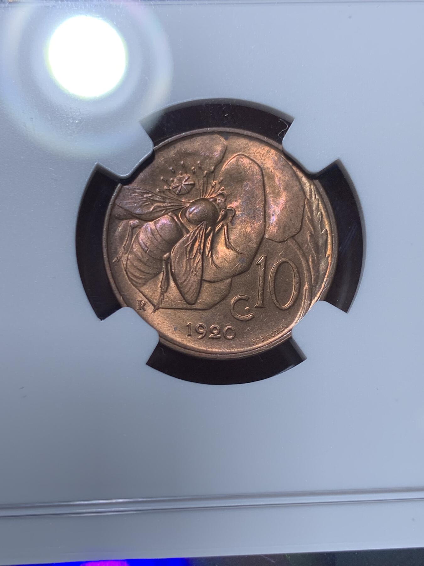 《竞宝斋》第360场 周日，周一  2场连拍 （全场包邮） NGC MS64RB 意大利1920年蜜蜂10分，铜光一流，意大利名誉品种，百年RB难得