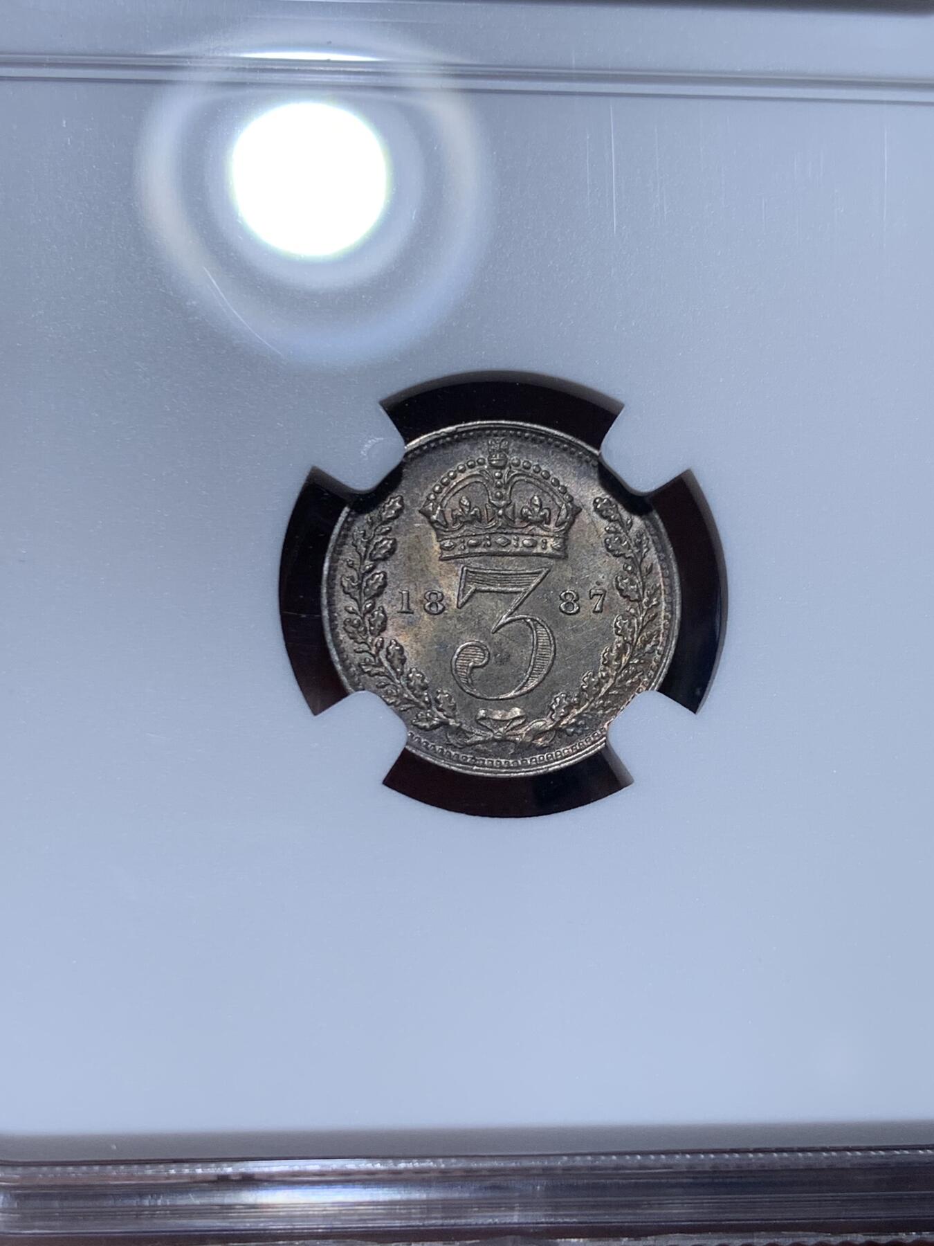 《竞宝斋》第360场 周日，周一  2场连拍 （全场包邮） NGC MS62 英国高冠1887年3便士银币 包浆醇厚