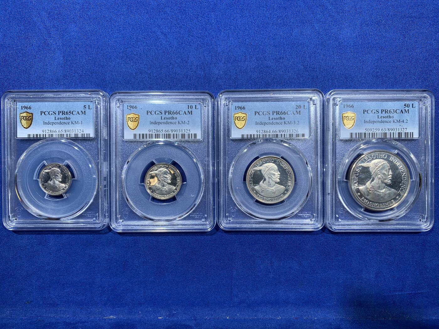 《竞宝斋》第360场 周日，周一  2场连拍 （全场包邮） 四枚一组 PCGS PR63-66CAM 莱索托1966年国家独立5/10/20/50分纪念银币 大小面值一套 900银的精制版！5/10/20分分别是亚军/冠军/亚军分 少见收藏级！精制版发行量仅5000！