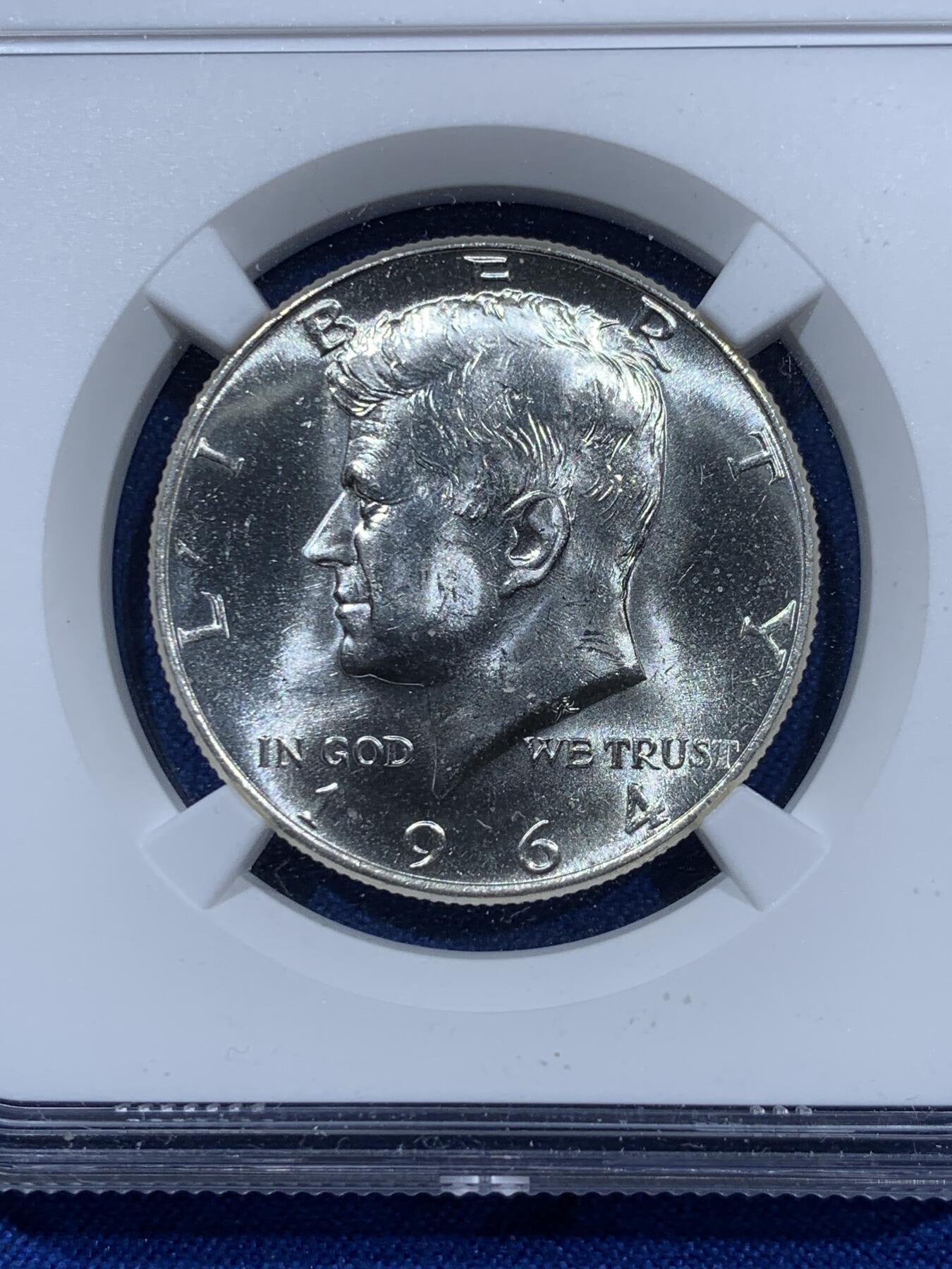 《竞宝斋》第360场 周日，周一  2场连拍 （全场包邮） NGC MS64 美国1964年肯尼迪半元银币 900高银版