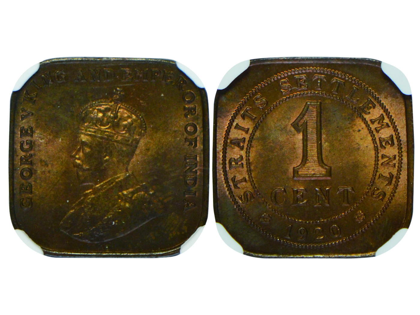 冠军2025年4月8日香港拍卖 （1）1920年喬治五世像海峽殖民地1分銅幣，NGC MS 63 BN
（2）1920年喬治五世像海峽殖民地1分銅幣，NGC MS 63 BN
共2枚評分相同的幣，華人家族收藏