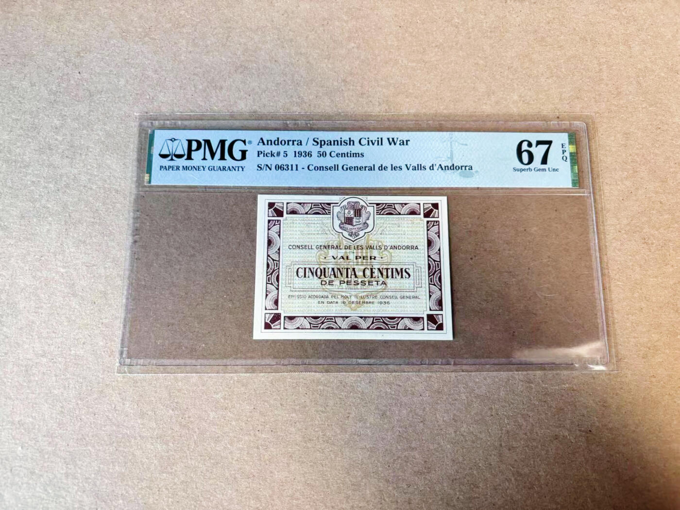 【Blue Auction】✨世界纸币精拍第629期【精】 【无47千位小号 冠军分】安道尔 1936年50分 PMG67 EPQ高分