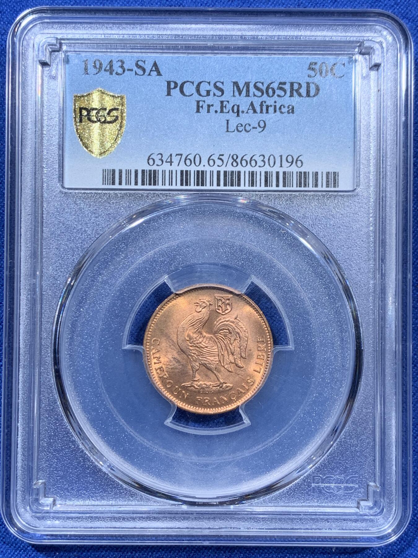 《竞宝斋》第360场 周日，周一  2场连拍 （全场包邮） PCGS MS65RD 喀麦隆1943年50分铜币 原光好品 高分难得