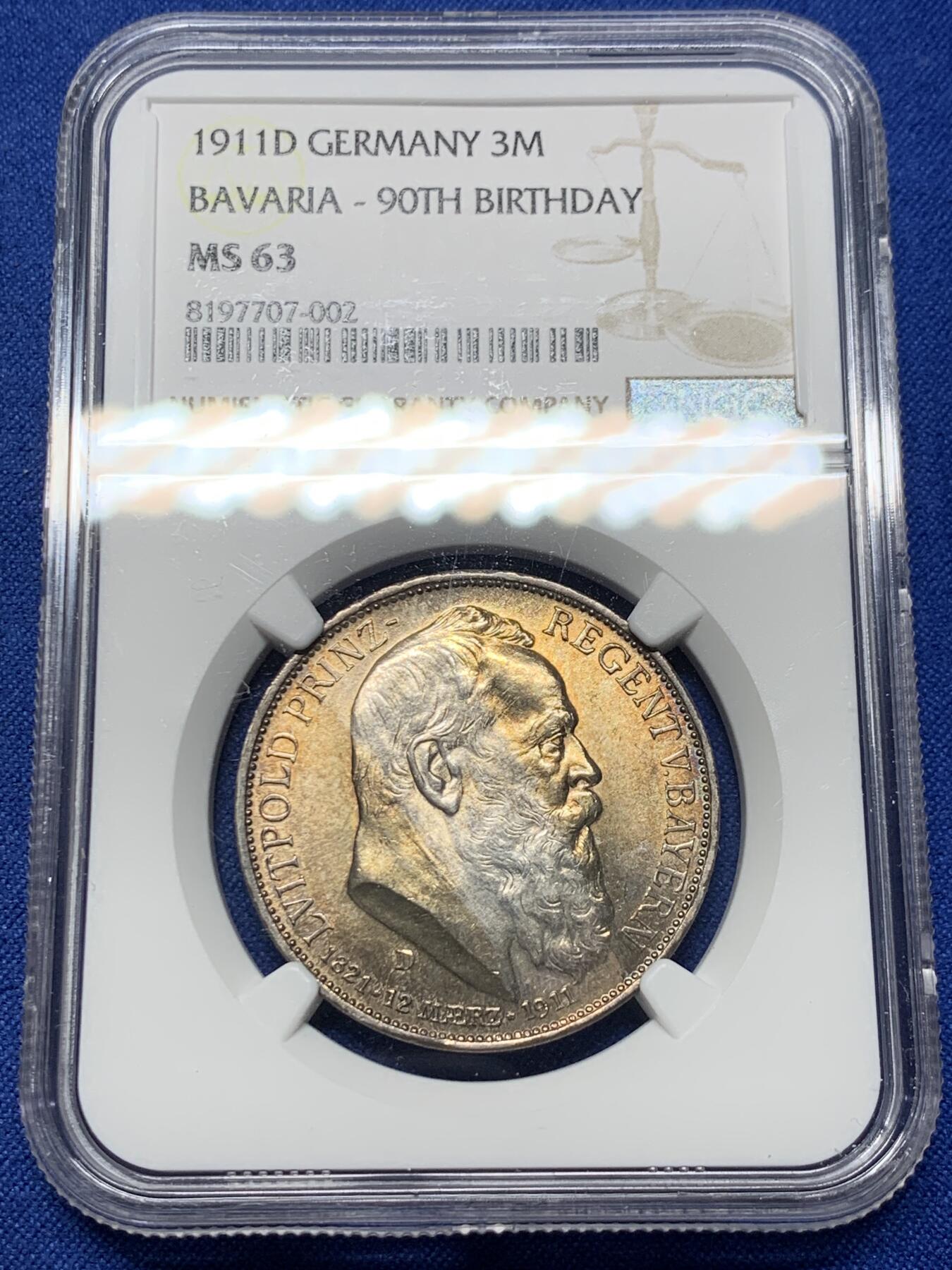 《竞宝斋》第360场 周日，周一  2场连拍 （全场包邮） NGC MS63  德国1911年巴伐利亚利奥波德3马克银币