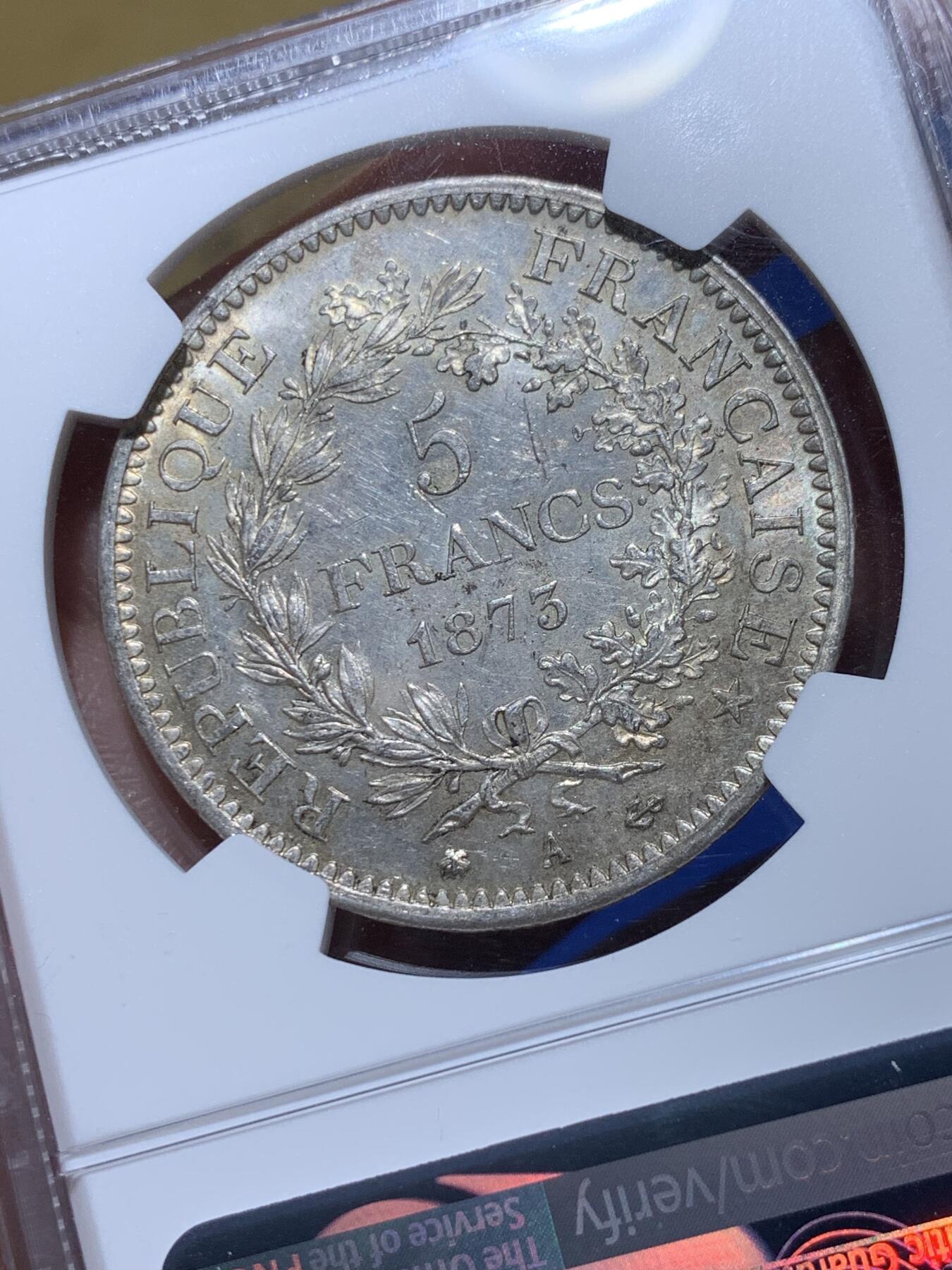 《竞宝斋》第360场 周日，周一  2场连拍 （全场包邮） NGC MS62 法国 1873A 大力神5法郎银币 底板光度都不错 略低评