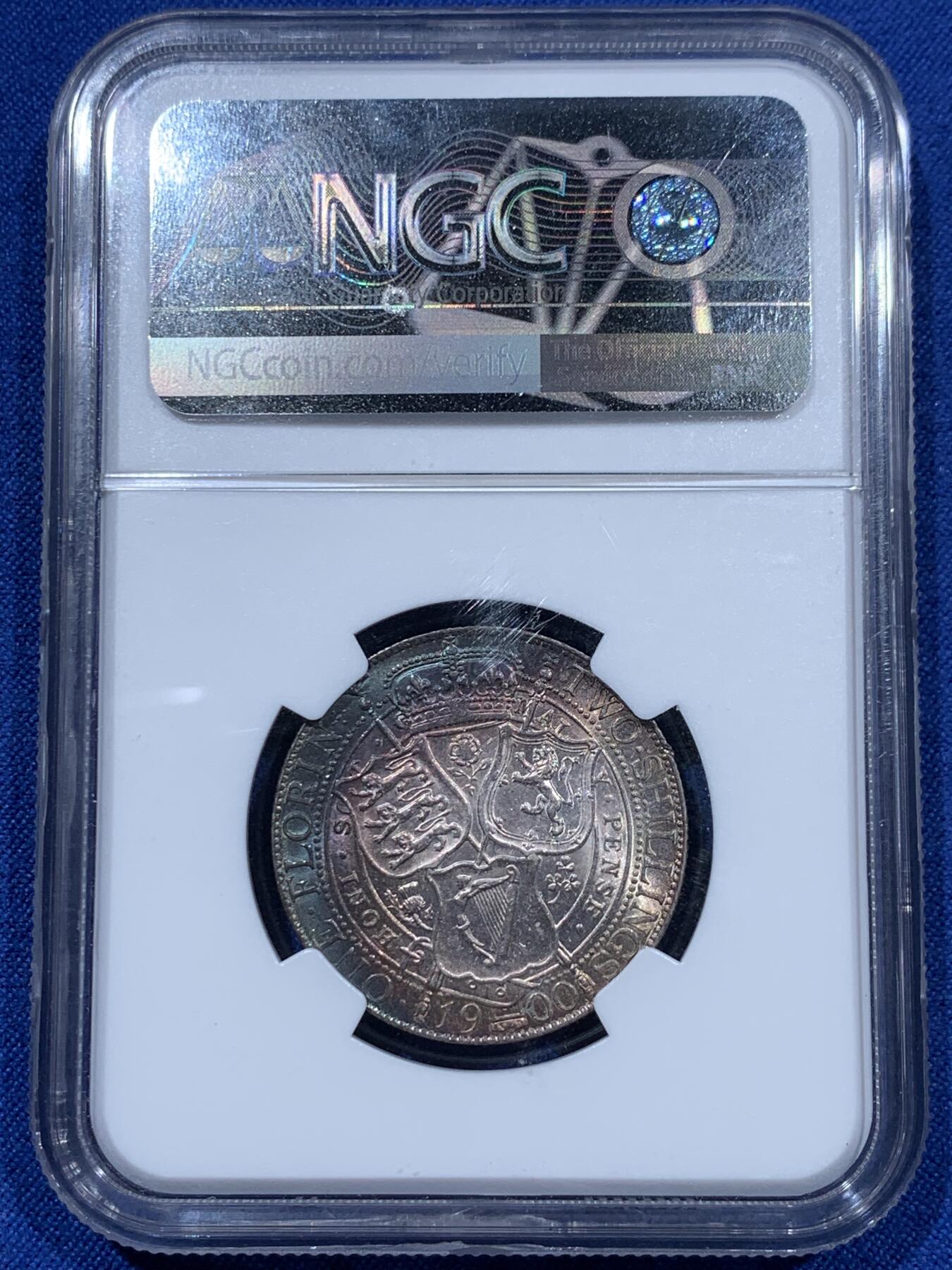 《竞宝斋》第360场 周日，周一  2场连拍 （全场包邮） NGC MS62 英国老维1900年2先令（1福洛林）银币 低评好彩