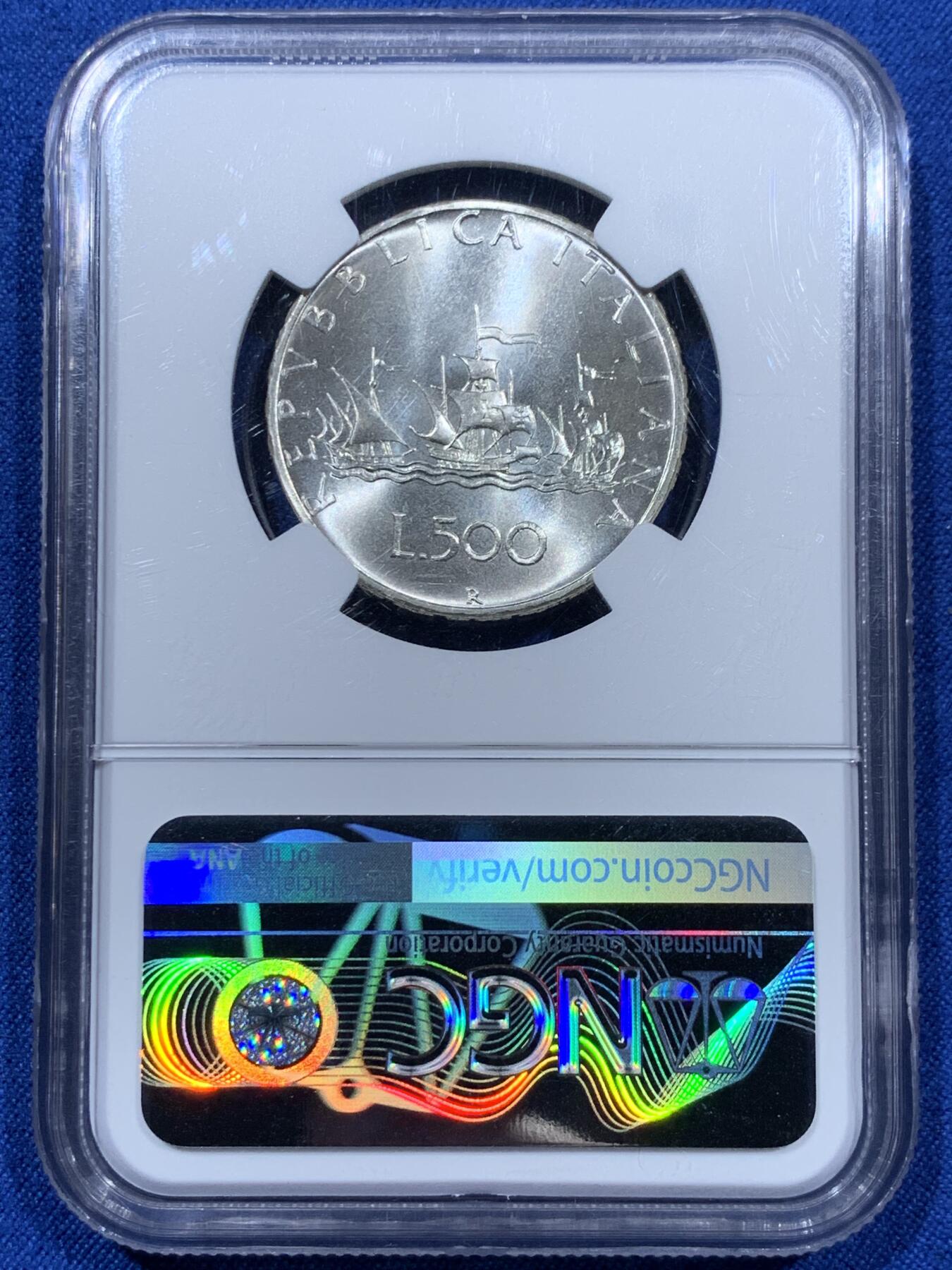 《竞宝斋》第360场 周日，周一  2场连拍 （全场包邮） NGC MS67 意大利1969年帆船美女500里拉银币，经典设计，霜银暴光，顶级高分。小特年，该年铸造量31万枚，60分参考价40美元