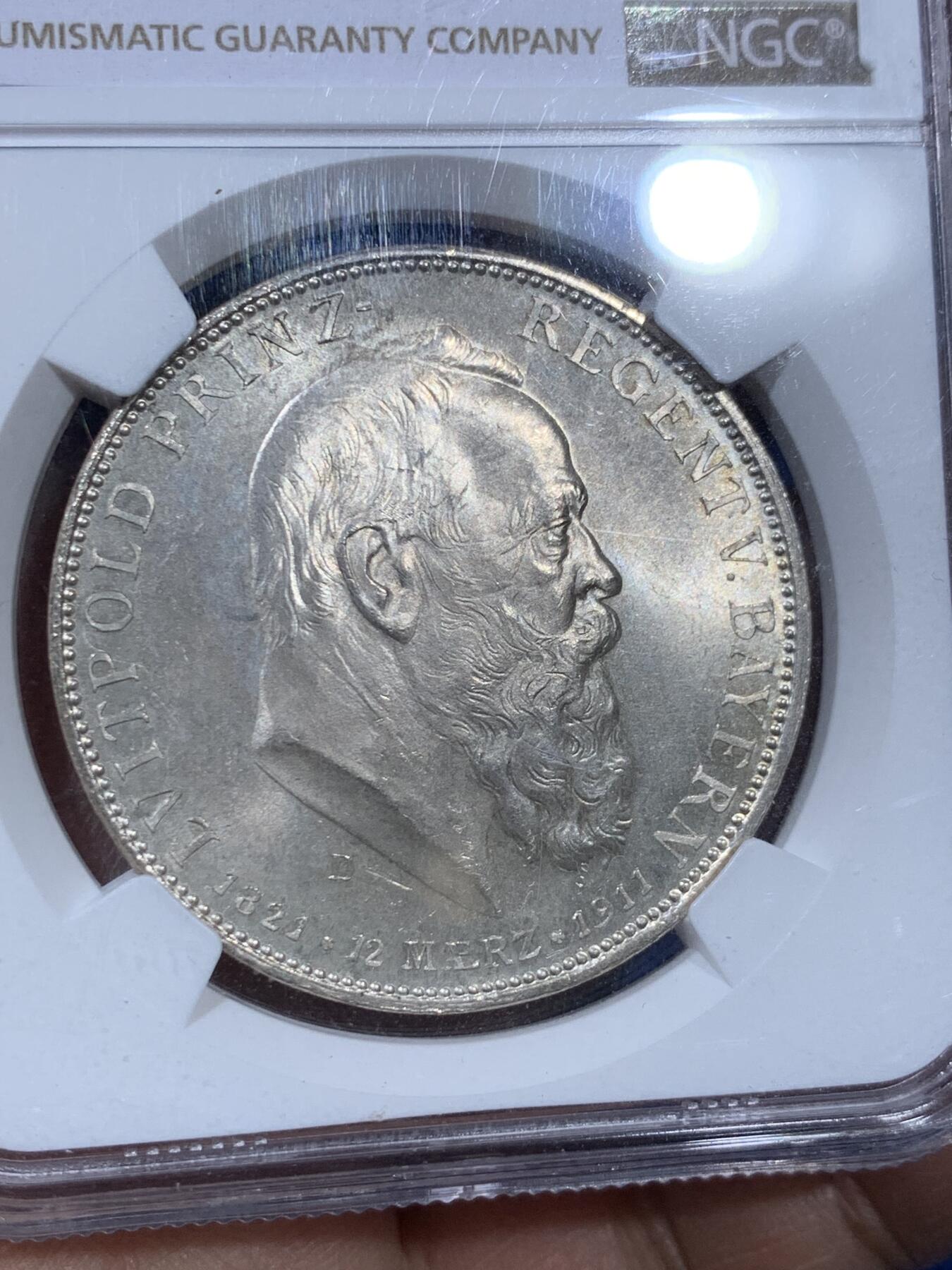 《竞宝斋》第360场 周日，周一  2场连拍 （全场包邮） NGC MS63 德国 巴伐利亚 1911年D 利奥波德 诞辰90周年 5马克 大银币