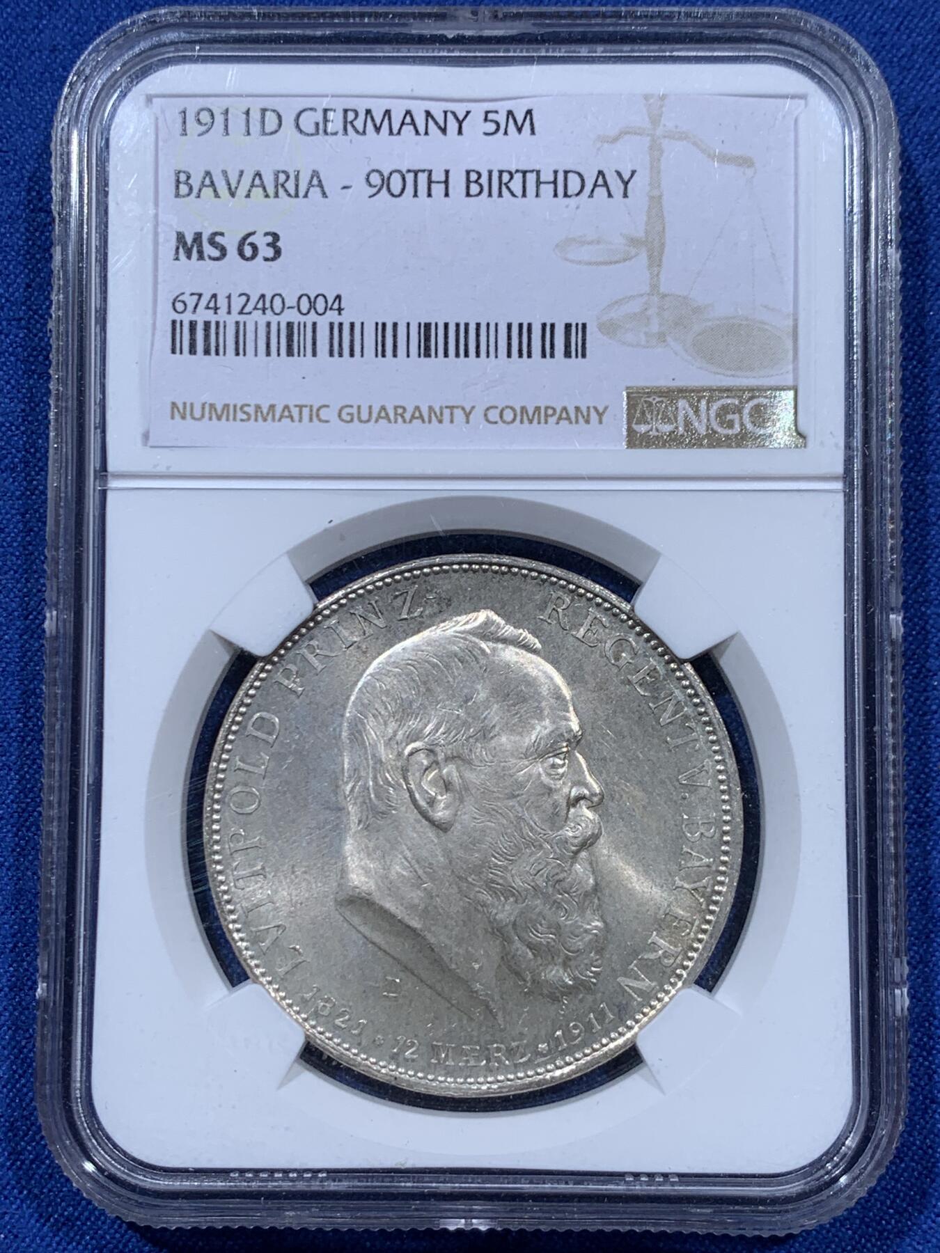 《竞宝斋》第360场 周日，周一  2场连拍 （全场包邮） NGC MS63 德国 巴伐利亚 1911年D 利奥波德 诞辰90周年 5马克 大银币