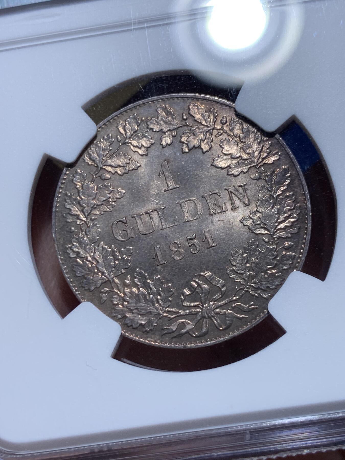 《竞宝斋》第360场 周日，周一  2场连拍 （全场包邮） NGC MS64 德国 1851年 法兰克福 1盾 银币 稀少小面值