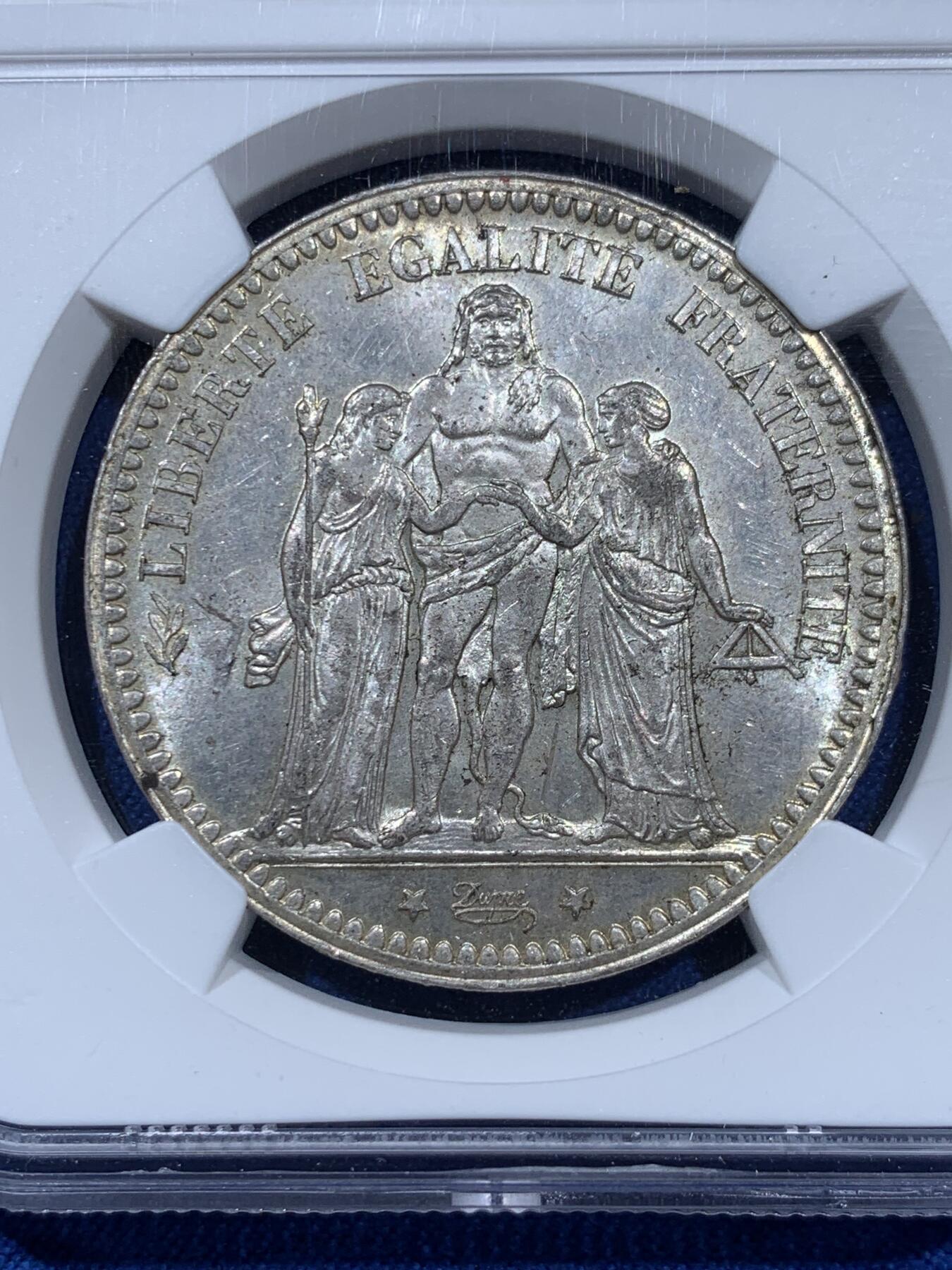 《竞宝斋》第360场 周日，周一  2场连拍 （全场包邮） NGC MS62 法国 1873A 大力神5法郎银币 底板光度都不错 略低评