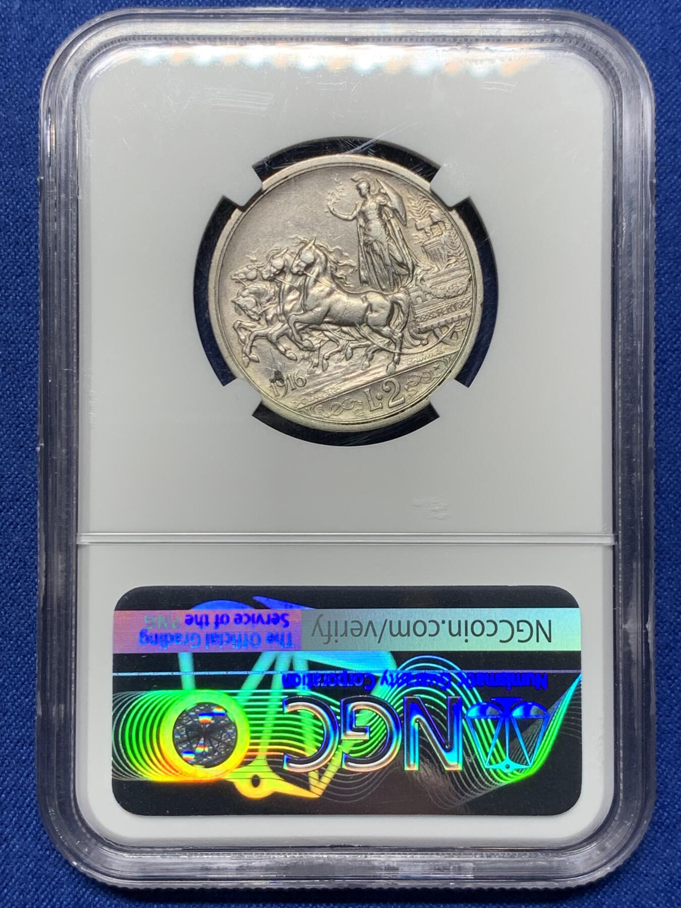 《竞宝斋》第360场 周日，周一  2场连拍 （全场包邮） NGC AU50 意大利1916年埃马努埃莱三世马车2里拉银币 经典意大利马车设计