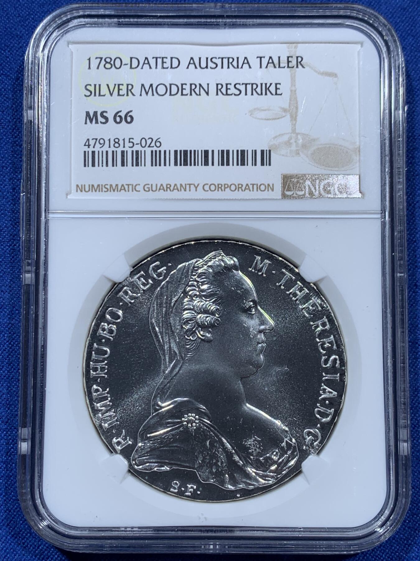 《竞宝斋》第360场 周日，周一  2场连拍 （全场包邮） NGC MS66 奥匈帝国1780年奥地利女王大奶妈1泰勒 官方后铸版银币