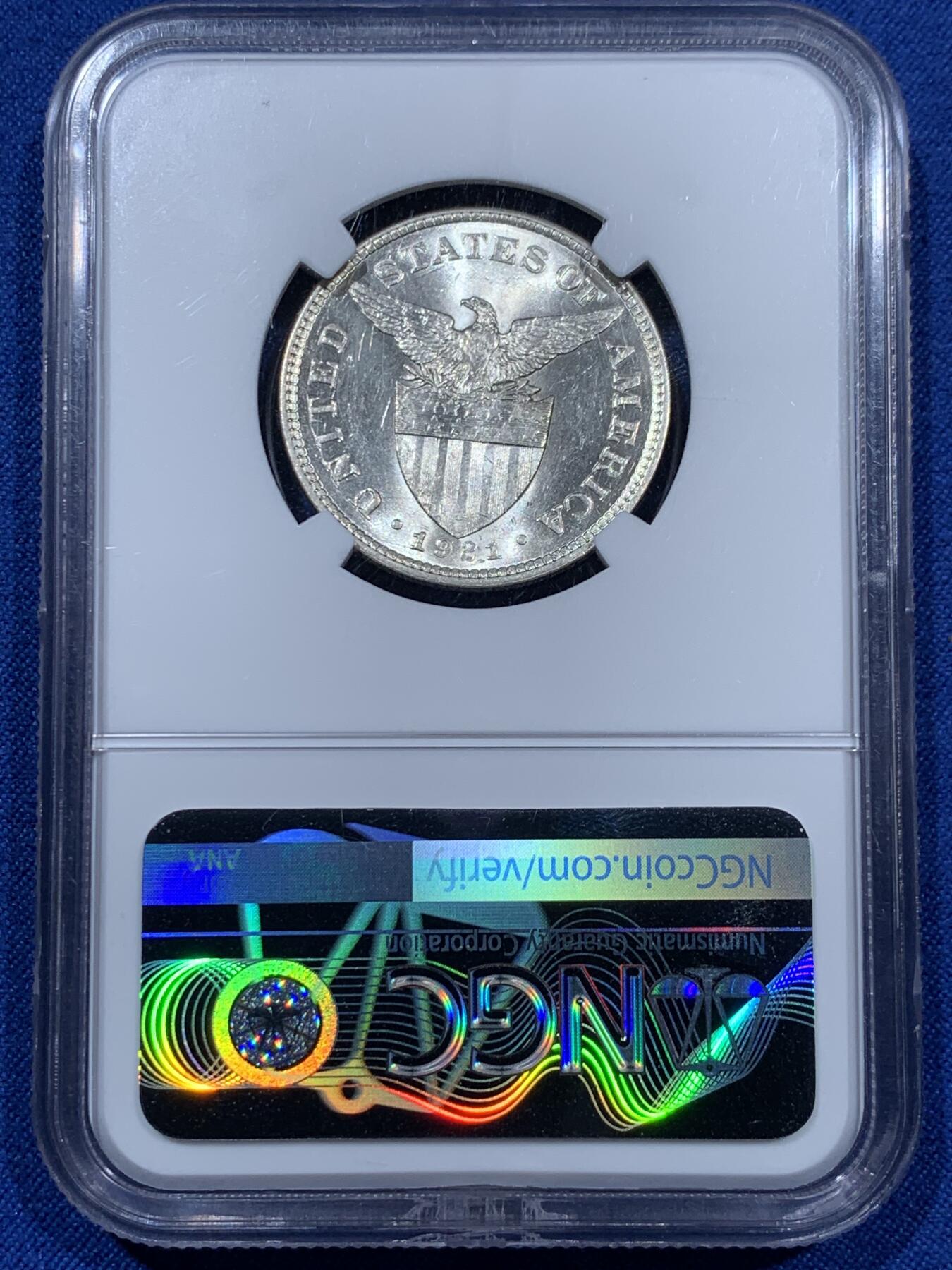 《竞宝斋》第360场 周日，周一  2场连拍 （全场包邮） NGC MS63 美属菲律宾 1921年 战前鹰徽50分银币