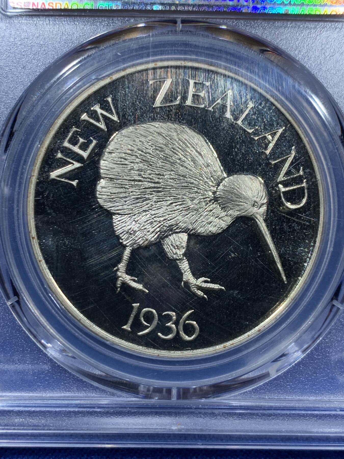 《竞宝斋》第360场 周日，周一  2场连拍 （全场包邮） PCGS PR67 亚军分 1936年（币面标注） 英国爱德华八世 英属新西兰几维鸟 克朗币 戏铸币