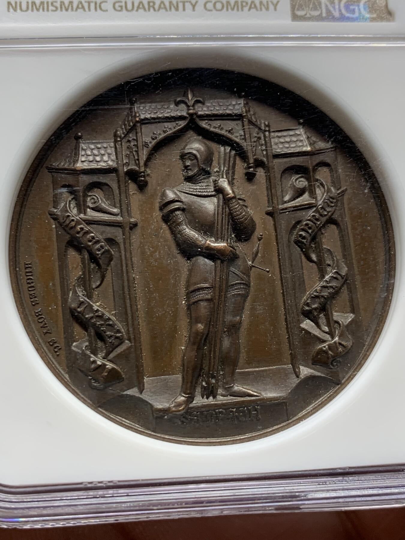 《竞宝斋》第360场 周日，周一  2场连拍 （全场包邮） NGC MS64BN 瑞士1886年森帕赫战役铜章 高浮雕 加厚盒