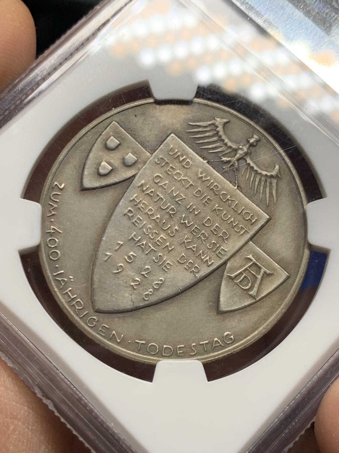 《竞宝斋》第360场 周日，周一  2场连拍 （全场包邮） NGC MS62 德国1928年丢勒逝世400周年纪念银章 冠军分 高浮雕 少见版本